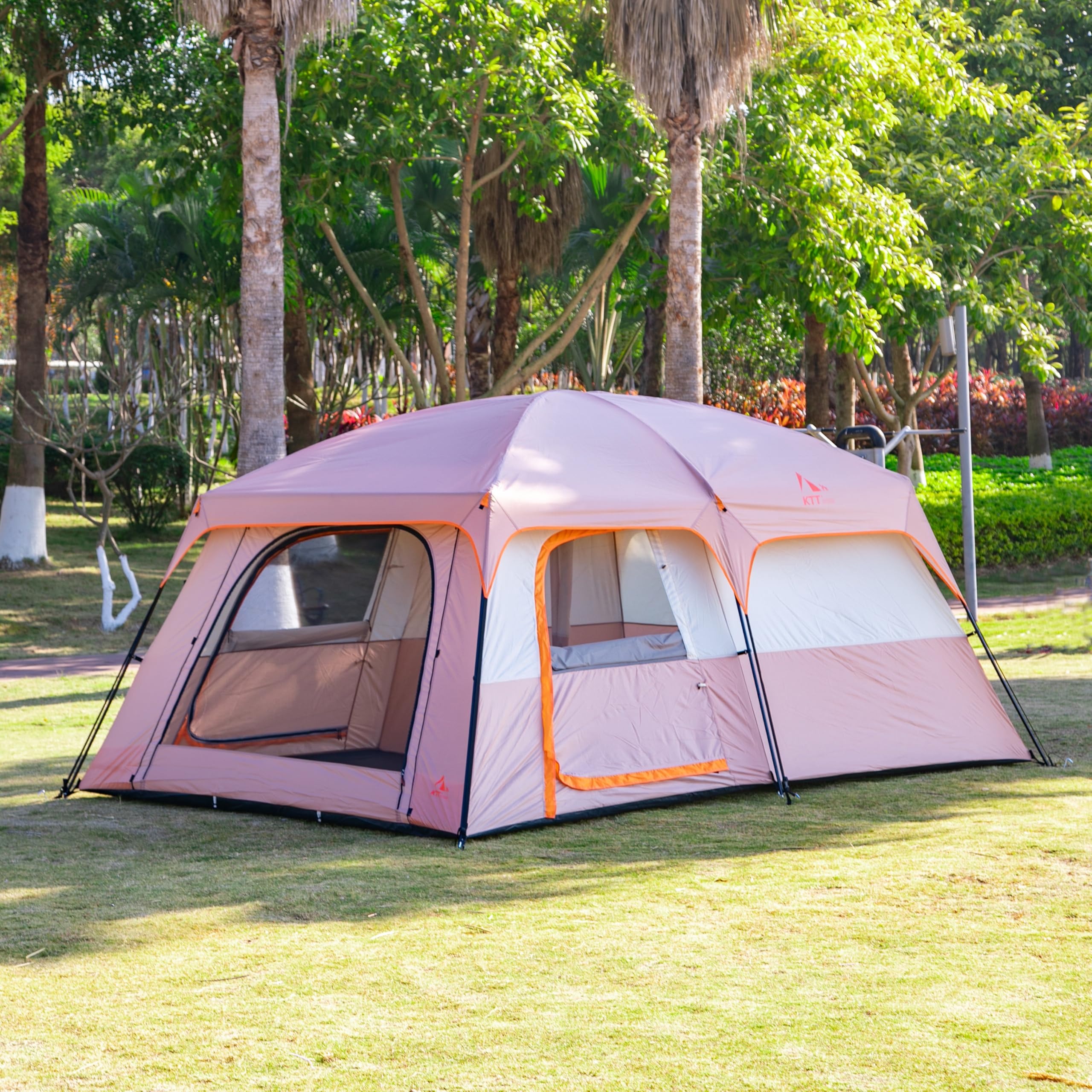 Ktt Extra Large Tent 12 Person,Family Cabin Tents,2 Rooms,3 Doors And 3 Windows With Mesh,Straight Wall,Waterproof,Double Layer,