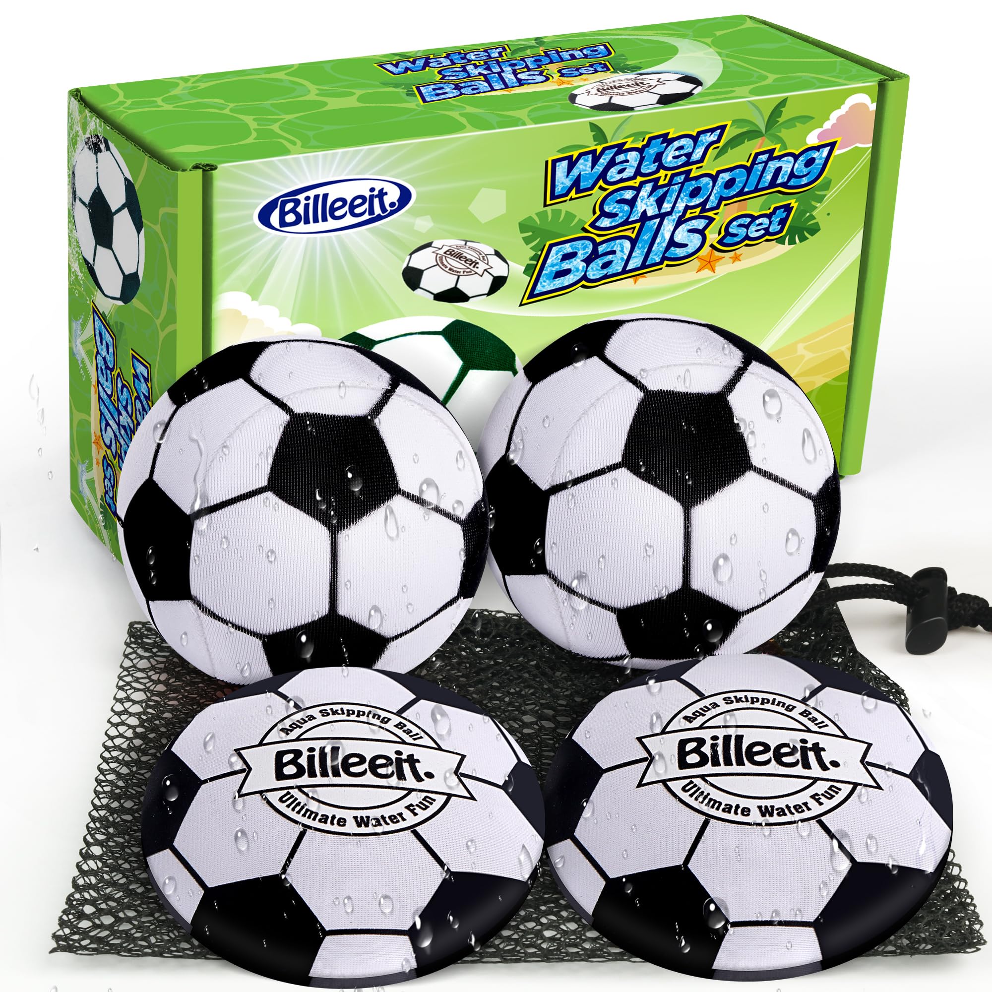 Billeeit 4Pcs Water Skipping Balls for Pool Play(Soccer Theme), Water Pool Beach Swim Toys for Kids Ages 4-8, 8-12 and Adults, I