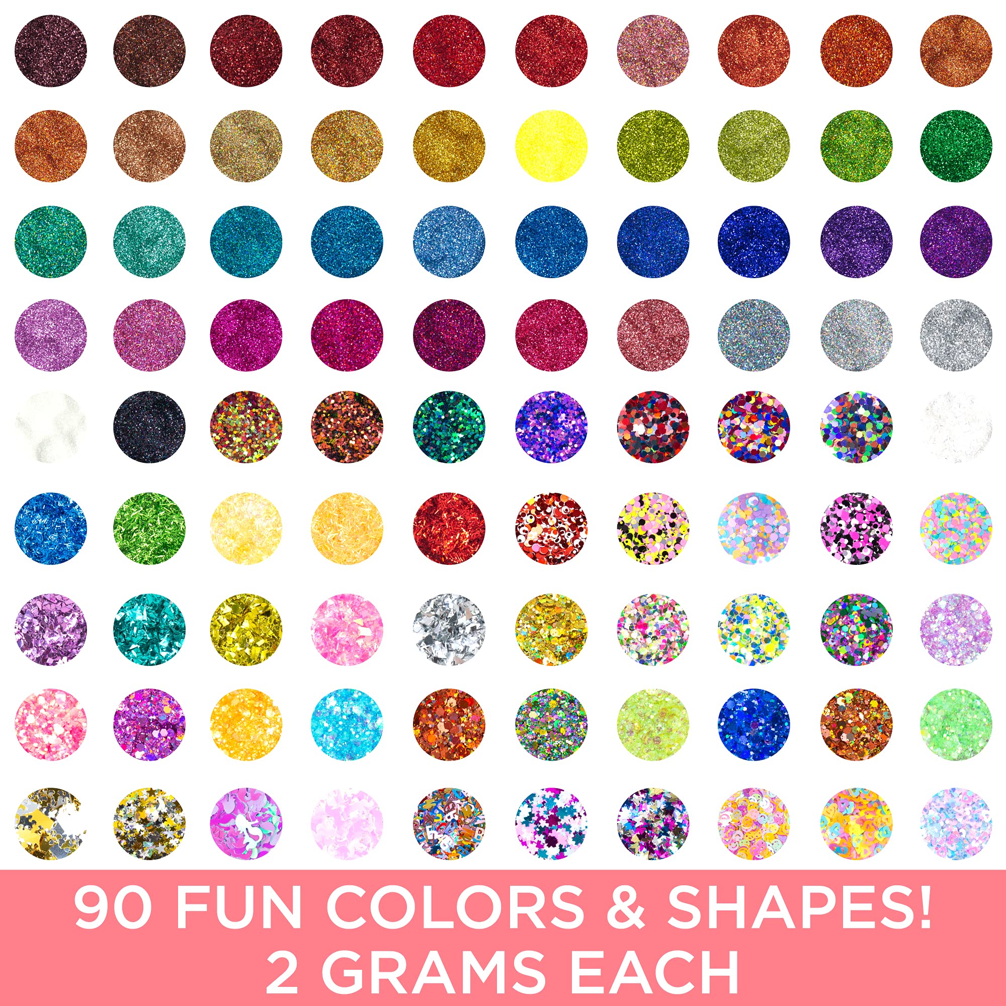 Horizon Group Usa Assorted Glitter Set Of 90 Colors, Fine Glitter, Chunky Glitter, Neon Glitter, Glitter Shapes, Foil Glitter, B