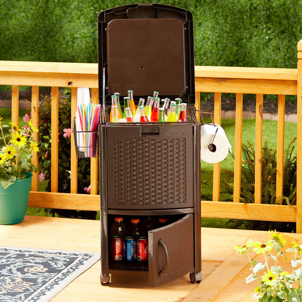 Suncast Patio Garbage Waste Trash Can Bundled W/ Patio Cooler W/ Cabinet & Wire Basket