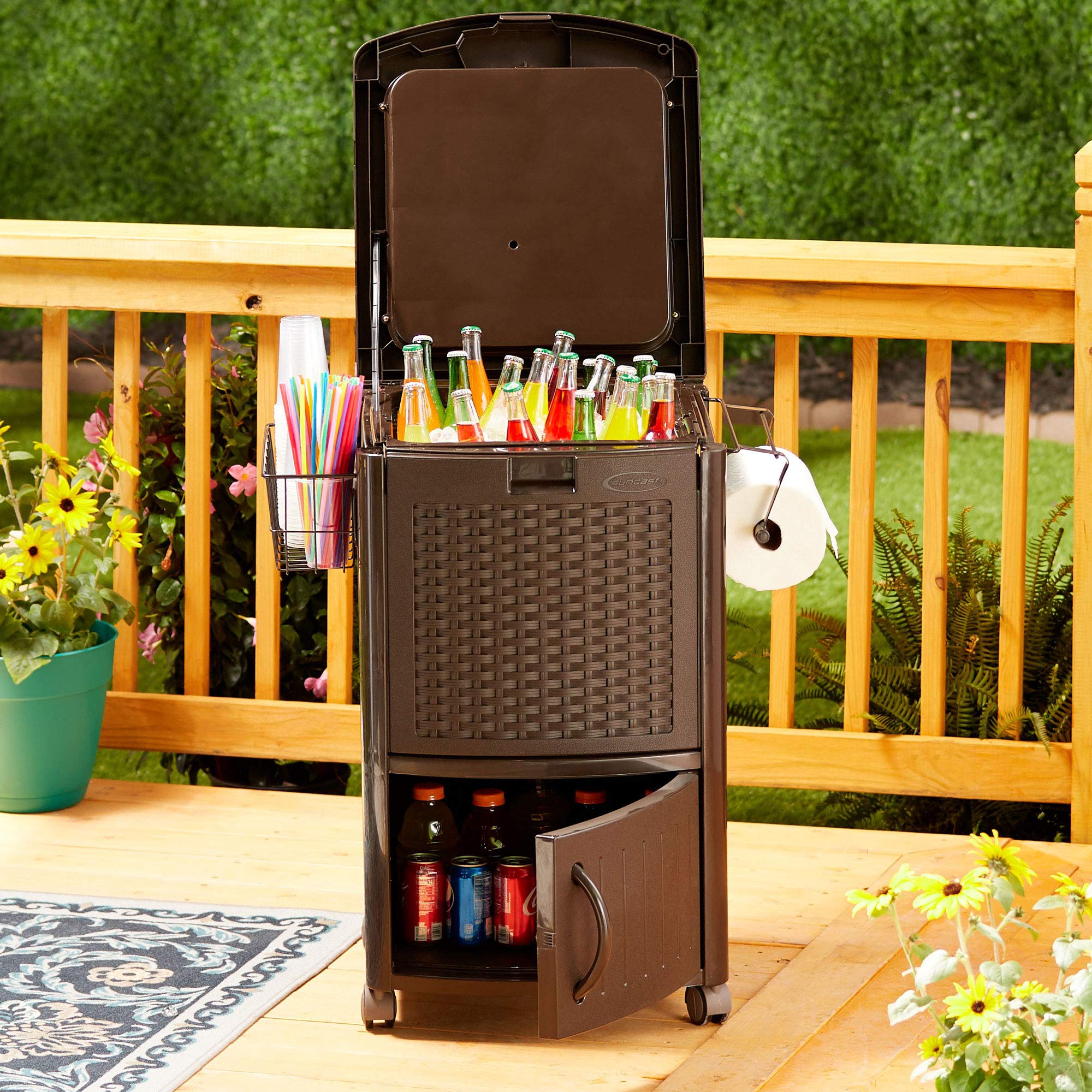Suncast Patio Garbage Waste Trash Can Bundled W/ Patio Cooler W/ Cabinet & Wire Basket