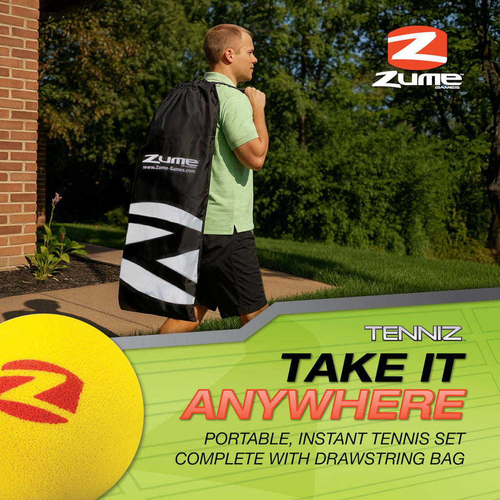 Zume Games Portable, Instant Tennis Set Includes Two Rackets, Two Balls, Net, And Carrying Case