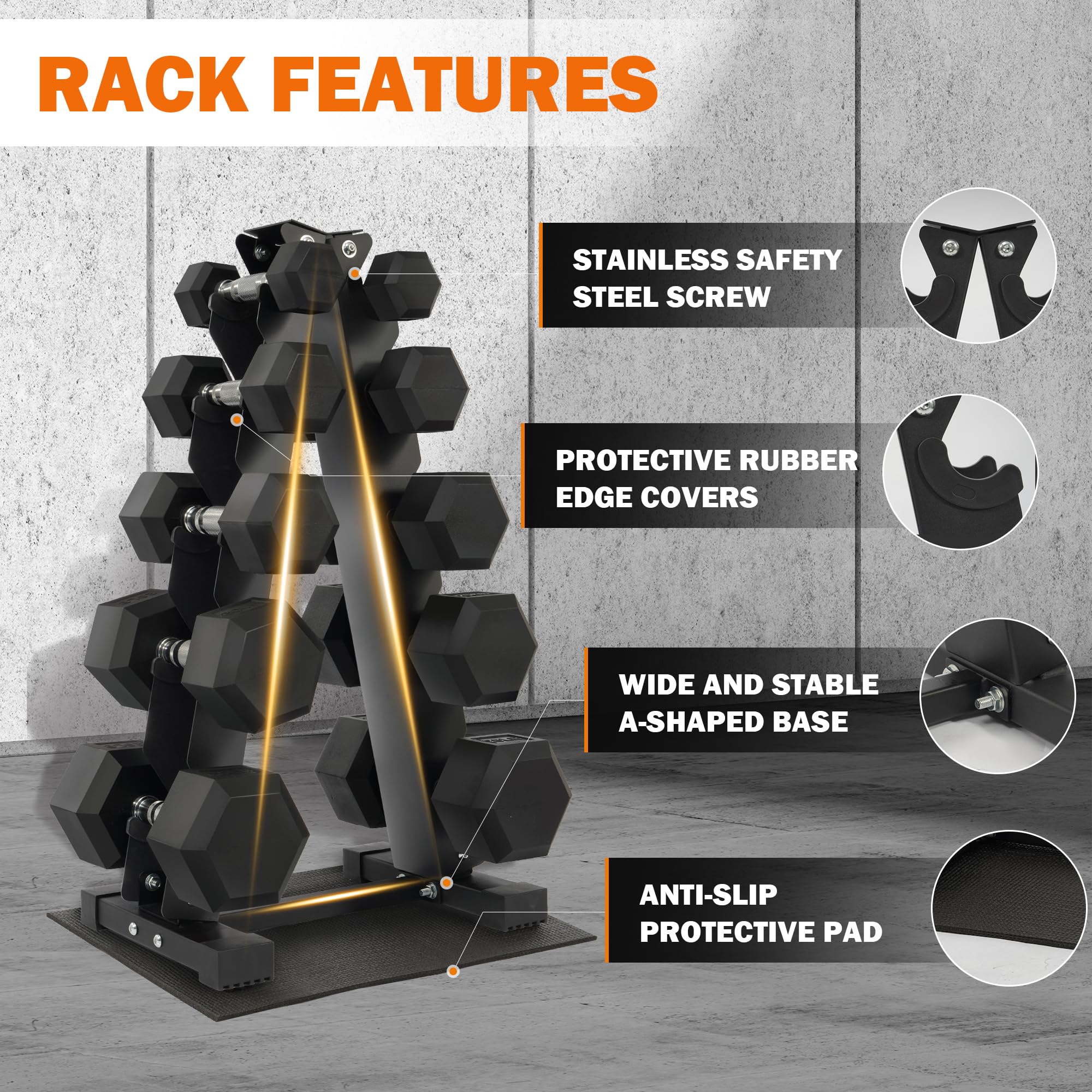 Fitvids Dumbbell Set with Rack  Dumbbell + A-Rack: 150LBS Set  Black