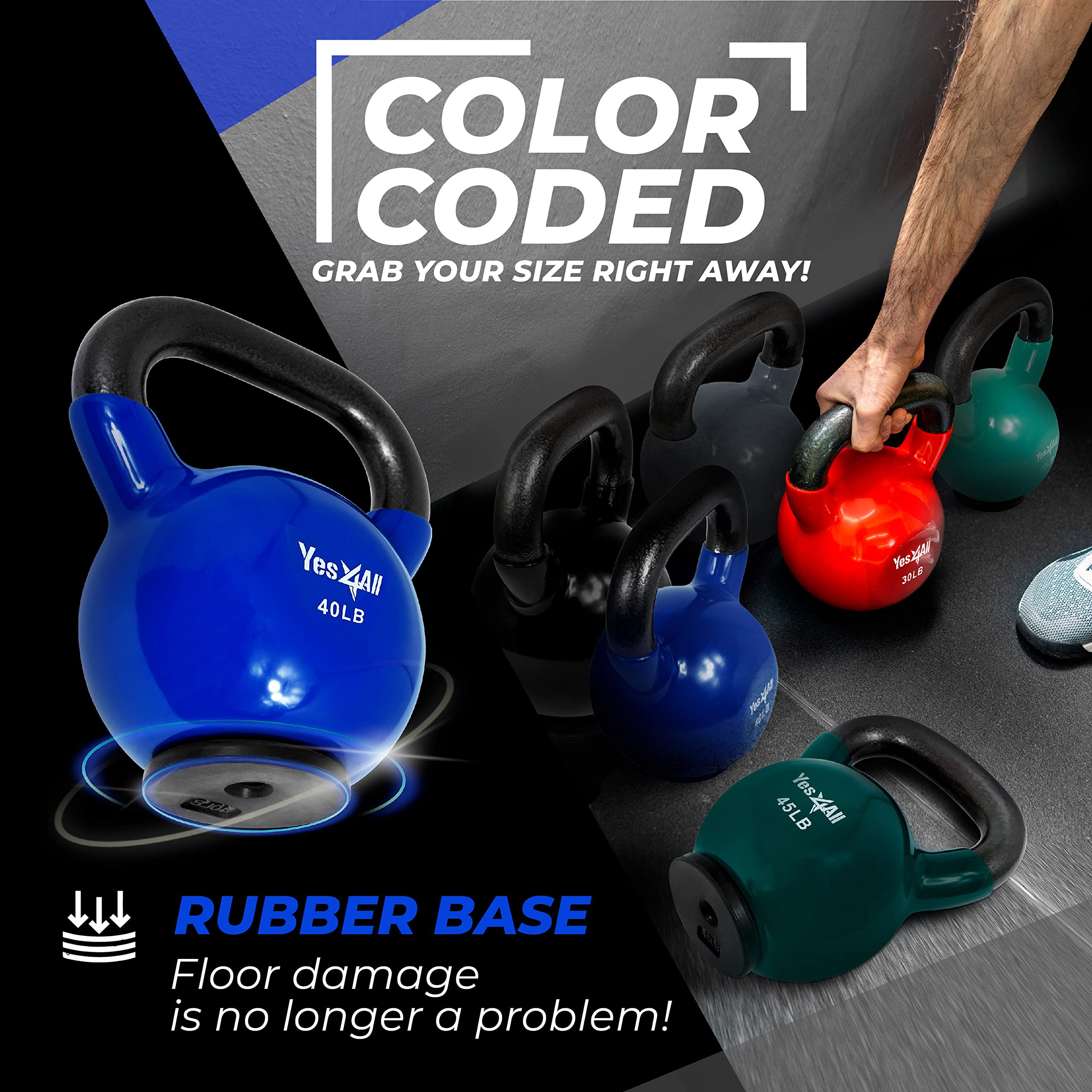 Yes4All Kettlebells Weights Cast Iron Rubber Base For Home Gym And Strength Training, Workout Equipment For Dumbbell Exercise