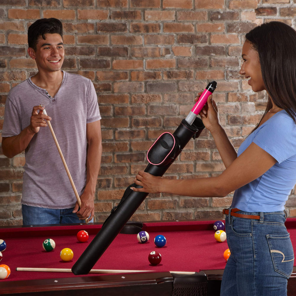 Casemaster Q-Vault Supreme Billiard/Pool Cue Hard Case, Holds 1 Complete 2-Piece Cue (1 Butt/1 Shaft), Black With Pink Trim
