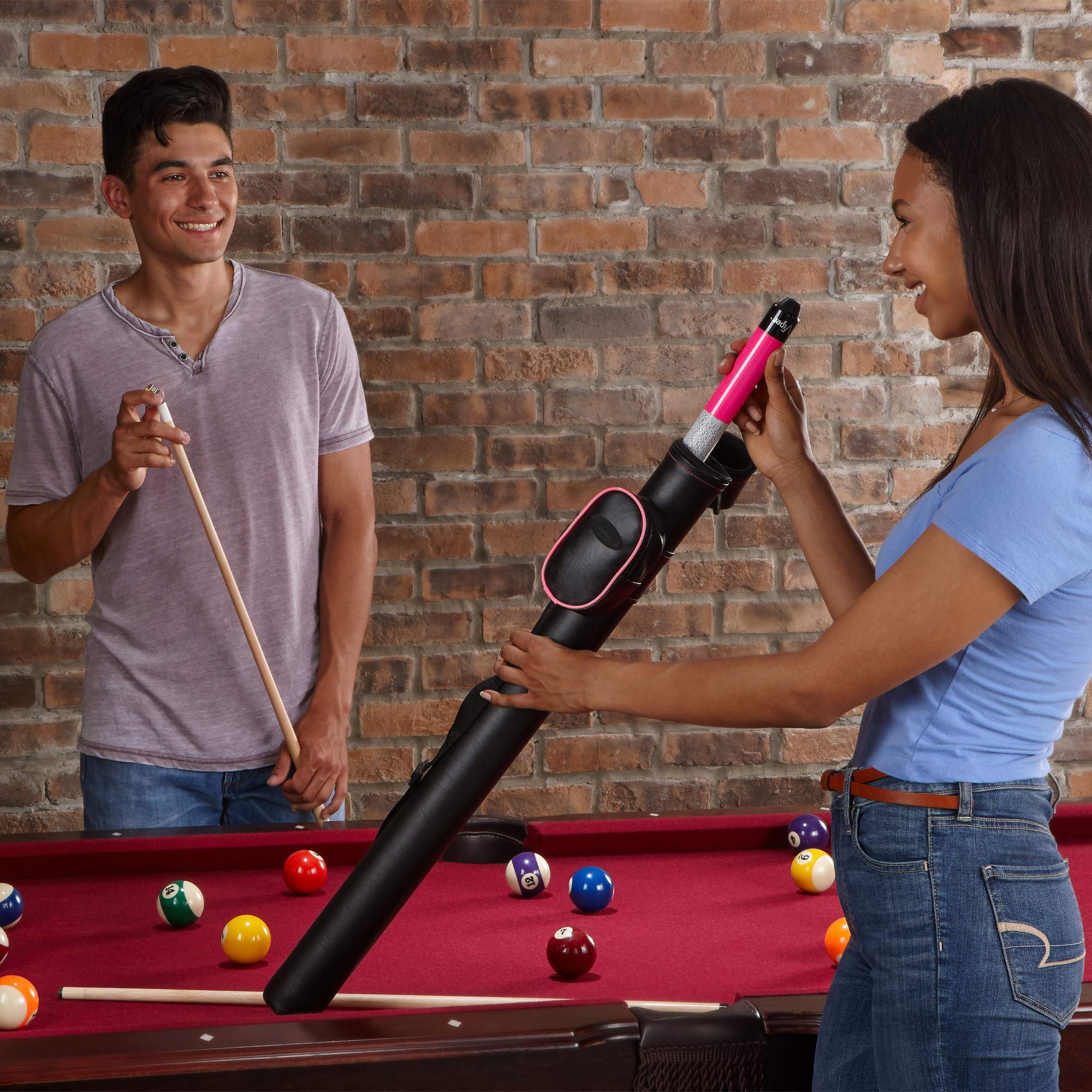 Casemaster Q-Vault Supreme Billiard/Pool Cue Hard Case, Holds 1 Complete 2-Piece Cue (1 Butt/1 Shaft), Black With Pink Trim