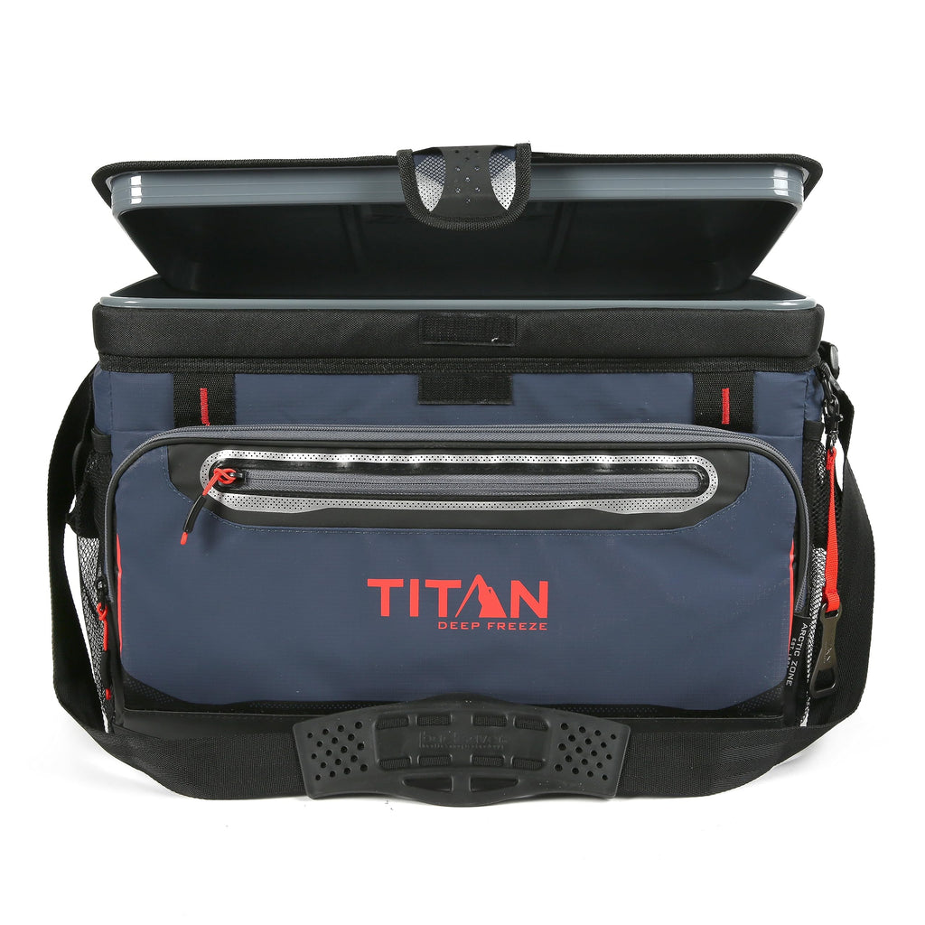 Titan Deep Freeze Cooler - 48 Can Zipperless Hardbody Cooler - Deep Freeze Insulation, HardBody Liner, and SmartShelf - Navy Blu