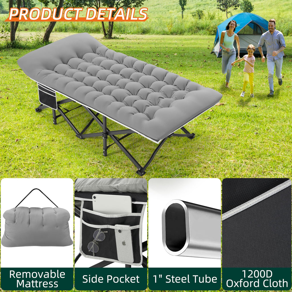 Fragess Portable Camping Cot, 32 Extra Wide Camping Cots For Adults With Thick Mattress, Heavy Duty Sleeping Cot Holds Up To 600
