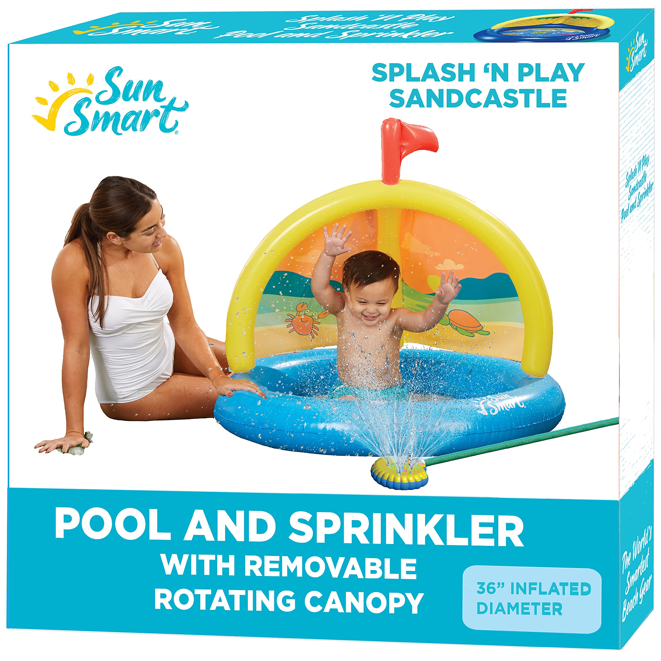 SunSmart Splash 'N Play Sandcastle - Inflatable Kiddie Pool and Sprinkler with Removable, Rotating Canopy