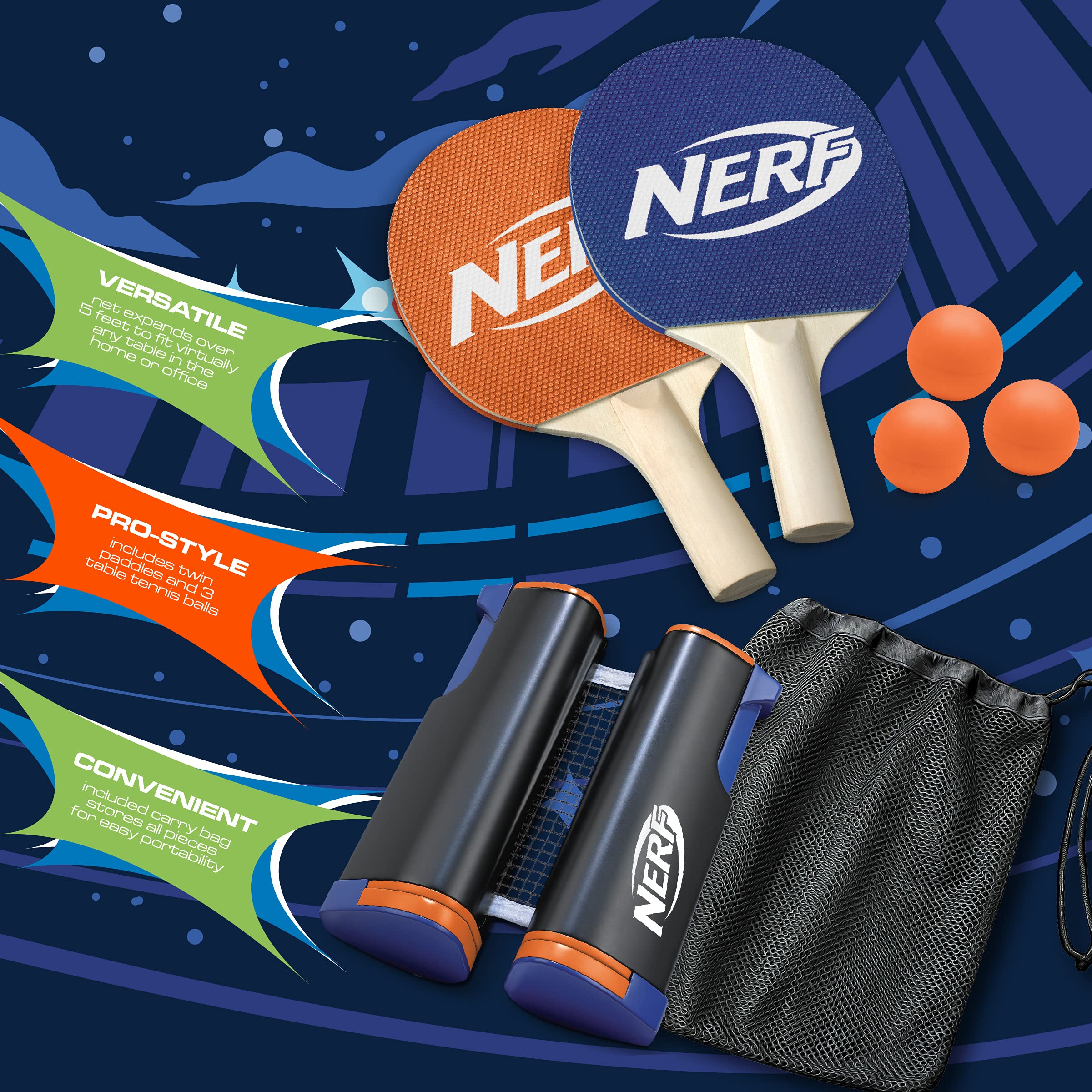 Nerf 7-Piece Retractable Tabletop Tennis Game Set, Play Almost Anywhere With Expandable Net, 2 Paddles And 3 Balls, Includes Con