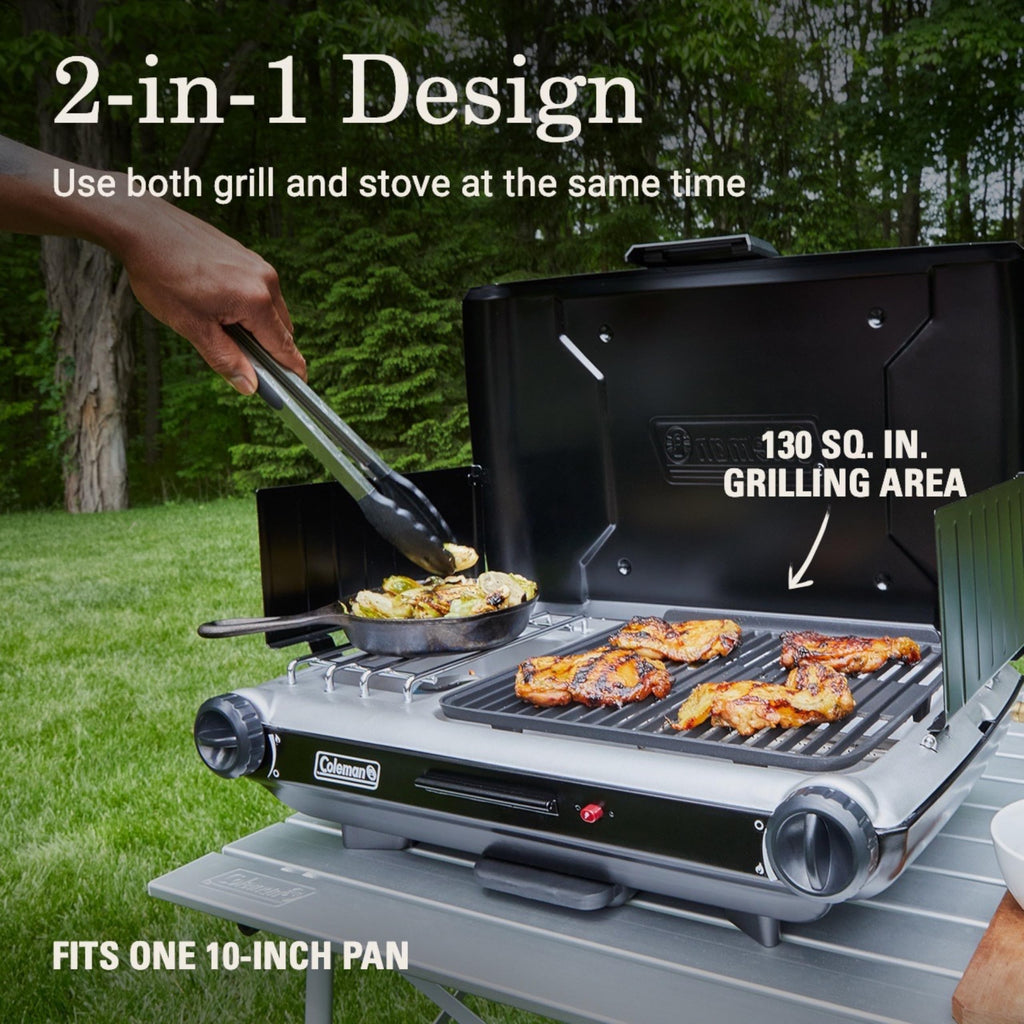 Coleman Tabletop 2-In-1 Grill & Stove With 2 Adjustable Burners, Propane Grill/Stove With Push-Button Starter, Wind Guards, Grea