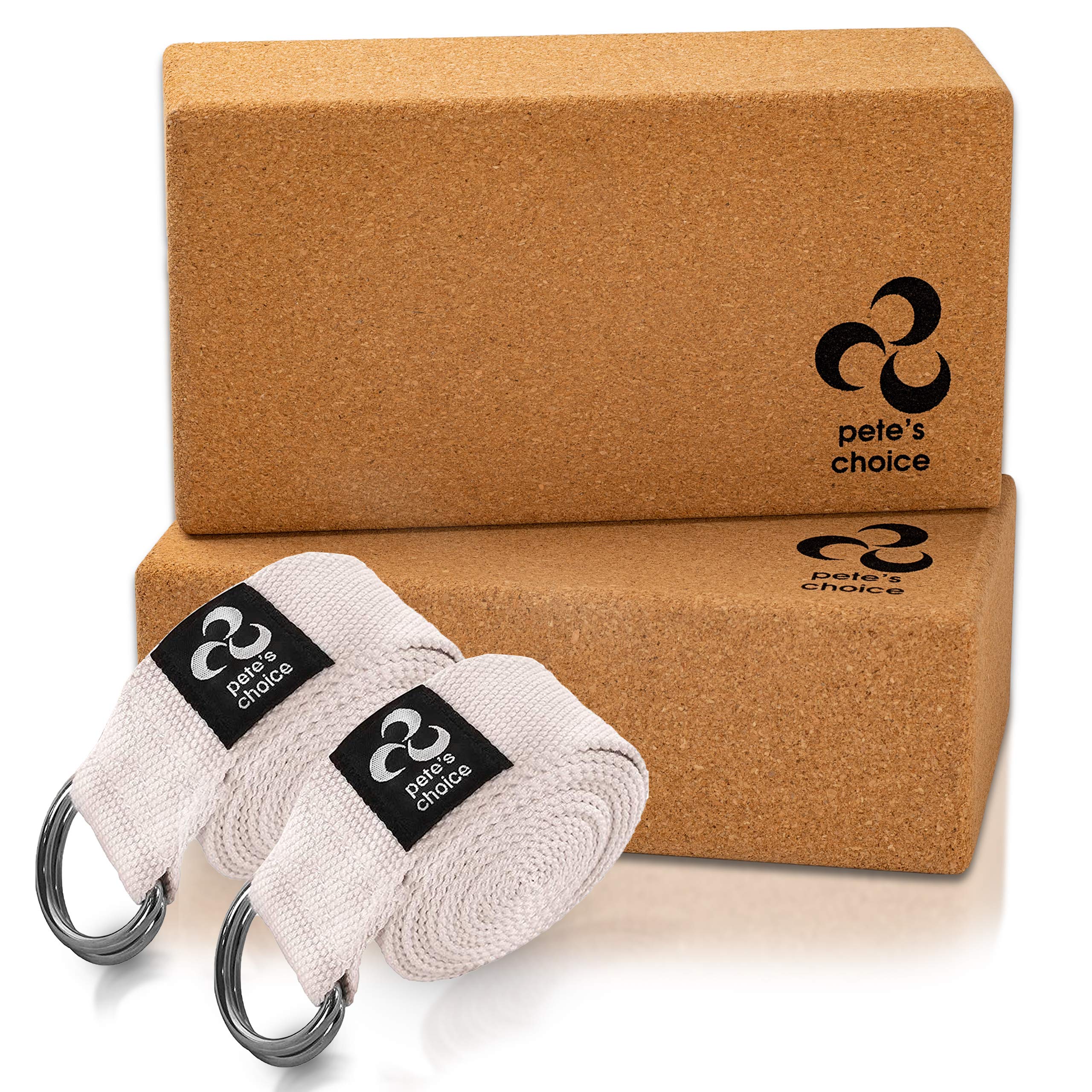 Petes Choice Cork Yoga Blocks & Straps (2 of each) - Extra Firm, Eco Friendly, Natural Cork, Cotton Straps - Home Yoga Kit
