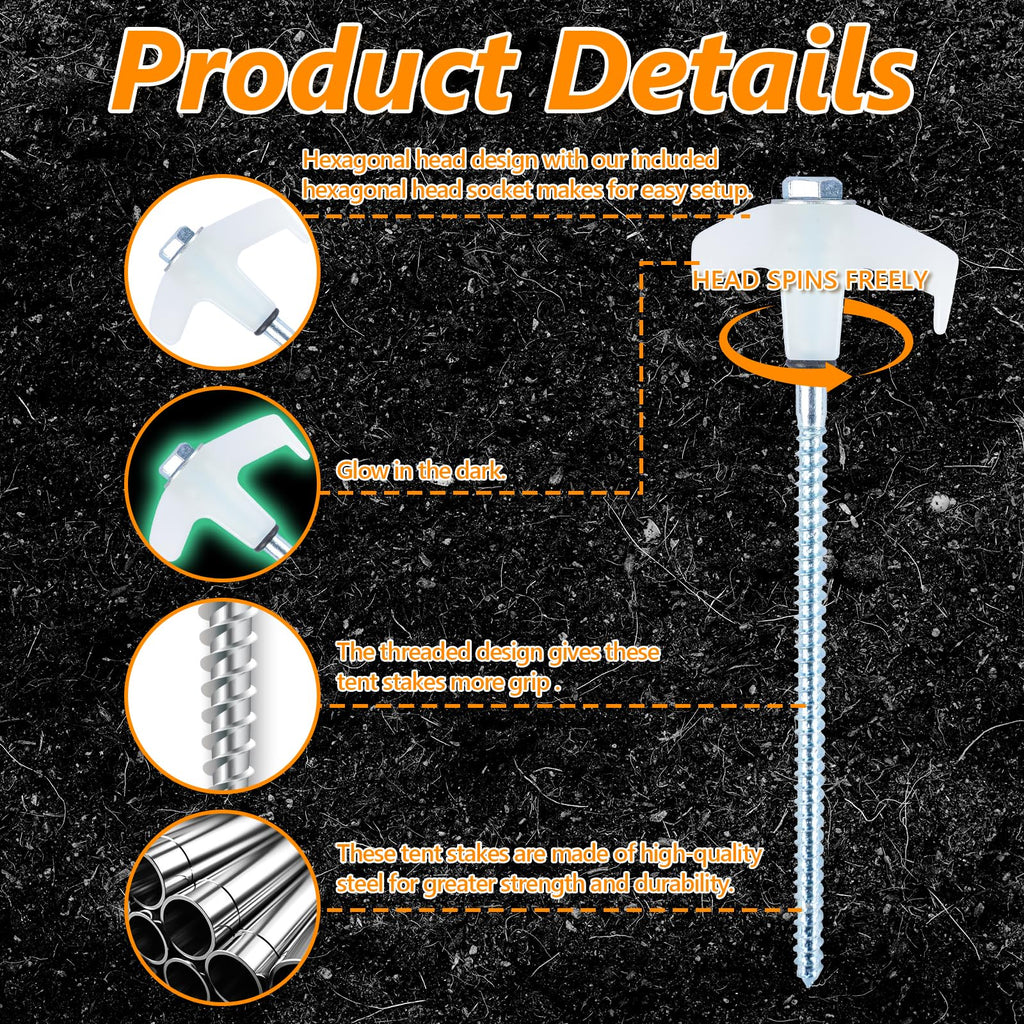 8 Screw In Tent Stakes Heavy Duty, Ground Anchors Screw In, Metal Threaded Tent Spikes, Camping Pegs For Canopies & Gardening In