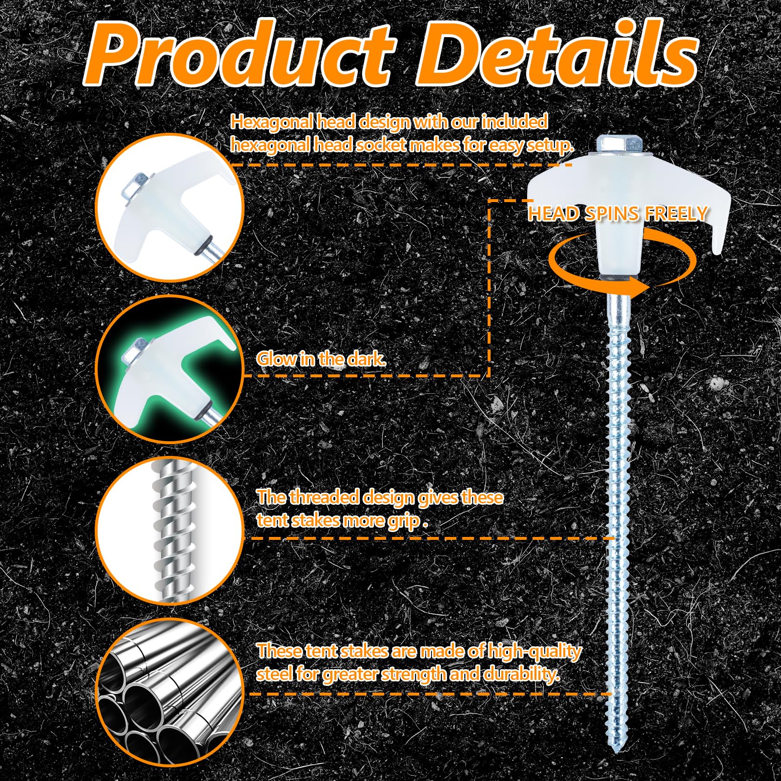 8 Screw In Tent Stakes Heavy Duty, Ground Anchors Screw In, Metal Threaded Tent Spikes, Camping Pegs For Canopies & Gardening In