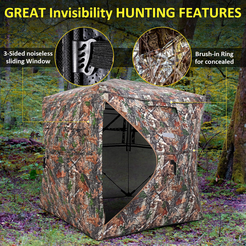Portable Hunting Blind 270 See Through With Carrying Bag, 2-3 Person Pop Up Ground Blinds With Silent Zipper Door & Sliding Wind