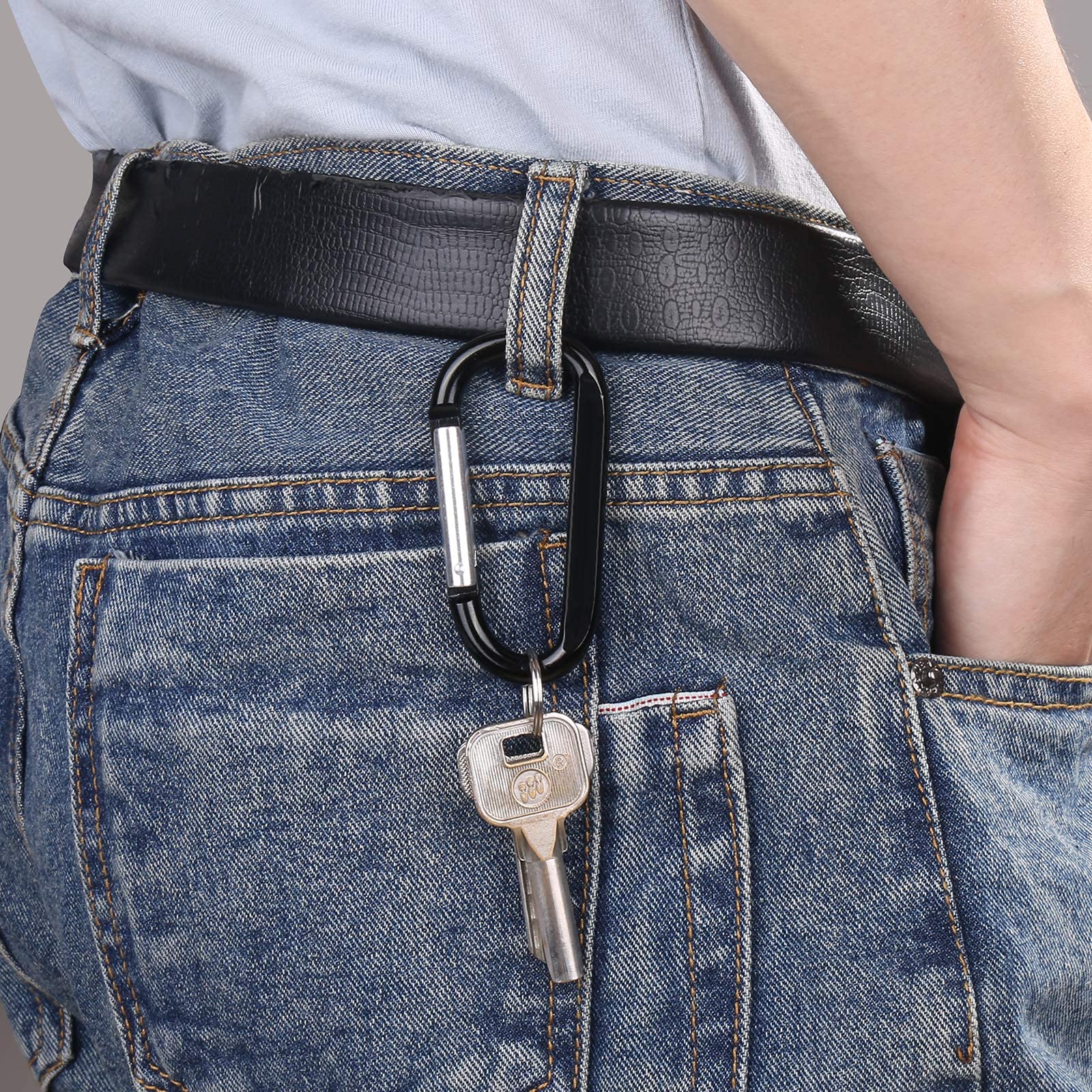 6Pcs Black Carabiner Caribeaner Clip,3'' Large Aluminum D Ring Shape Carabeaner With 6Pcs Keyring Keychain Hook
