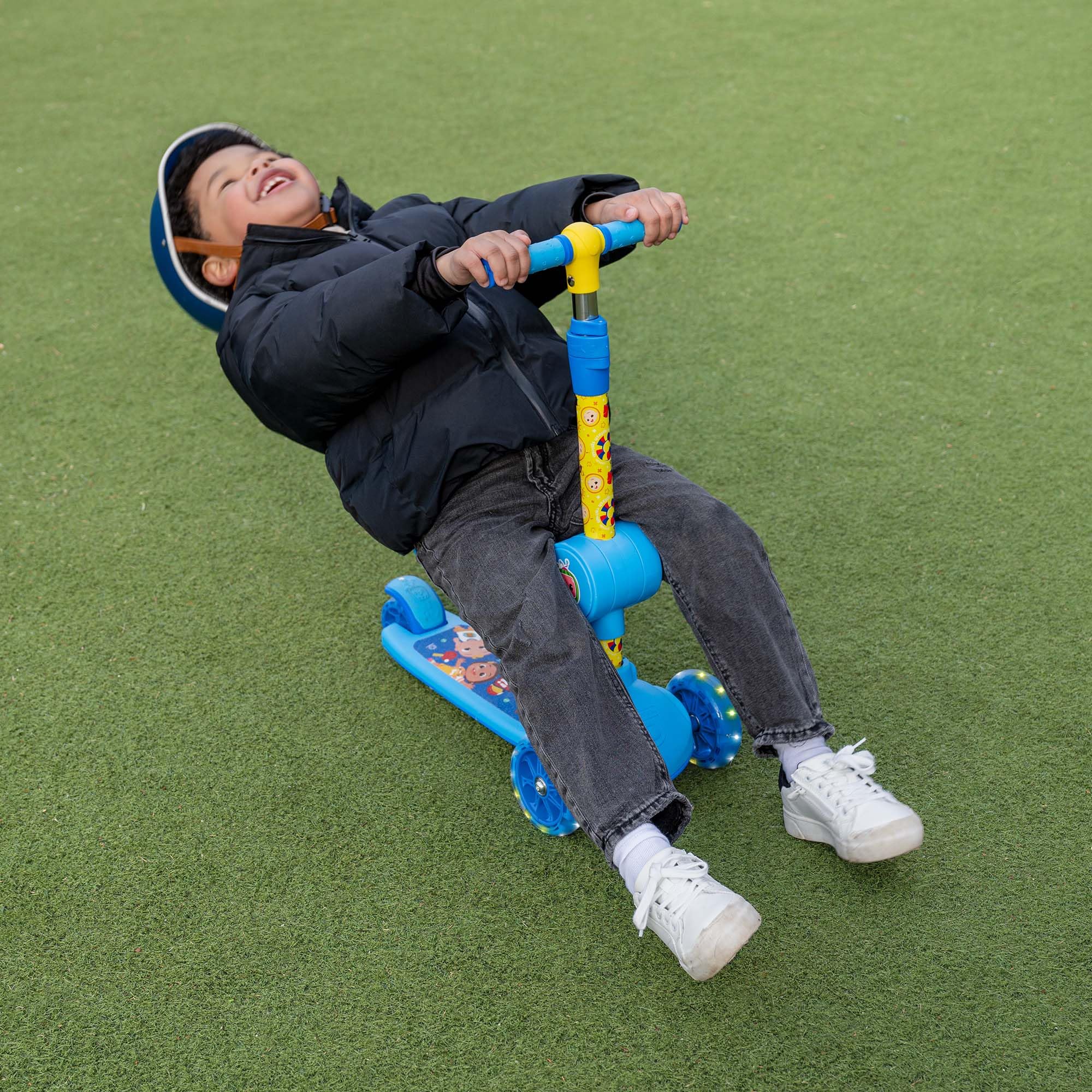 Jetson Cocomelon 2-in-1 3-Wheel Kick Scooter, Foldable and Detachable Seat, Seat Supports Weight Up to 55 lbs, Scooter: Up to 90