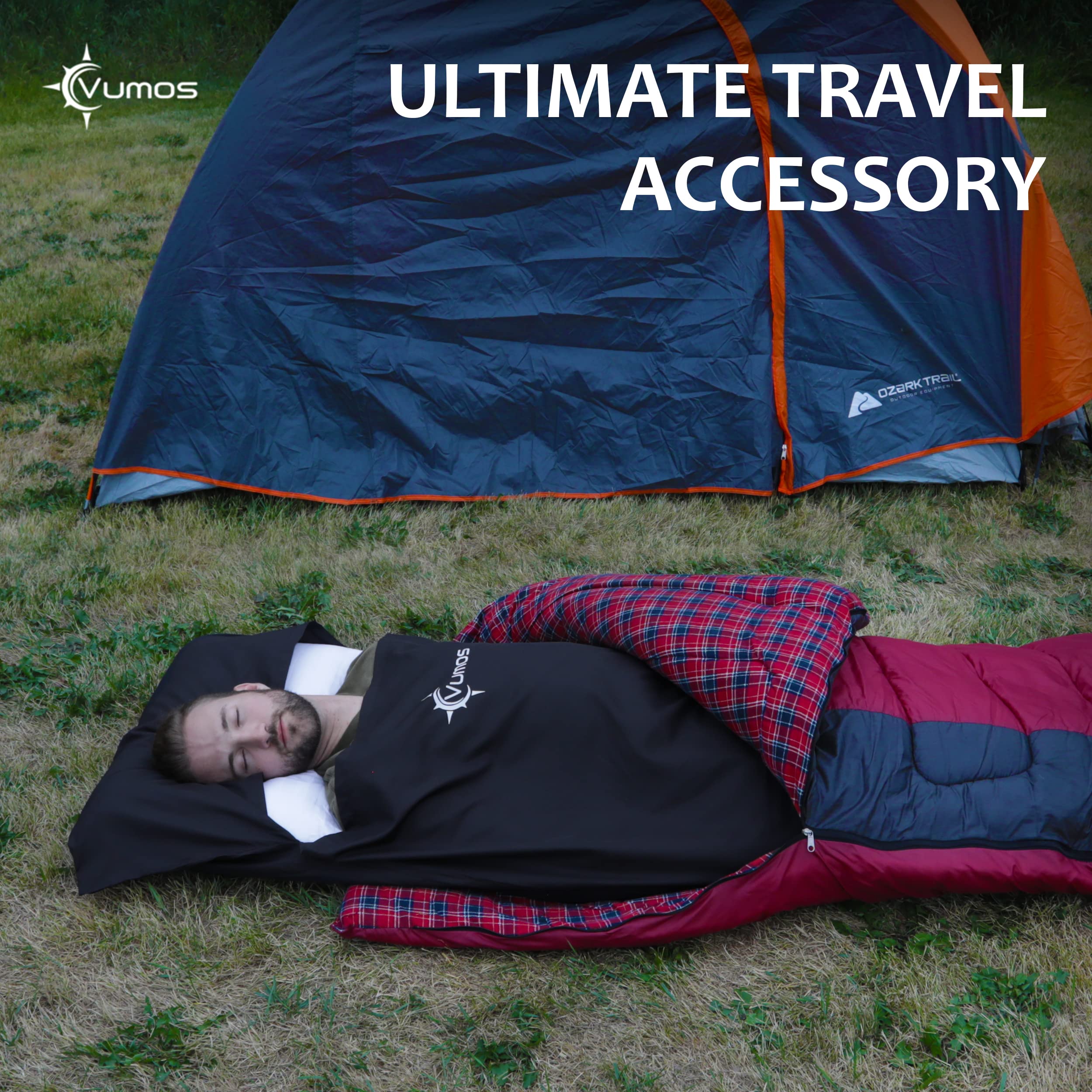 Vumos Sleeping Bag Liner And Camping Sheet - Silk Like Material For Travel - Has Full Length Zipper - Black