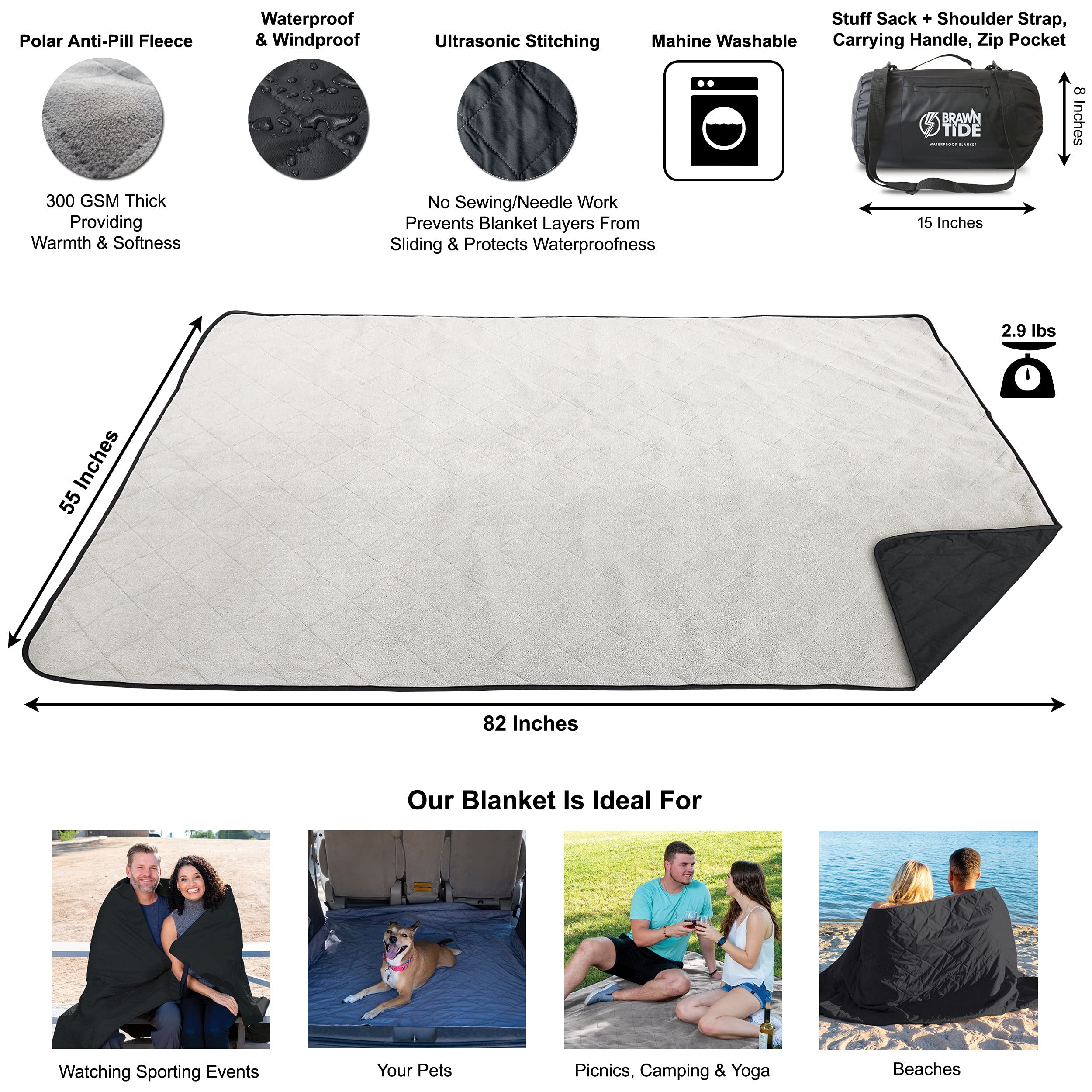 Brawntide Large Outdoor Waterproof Blanket - Great Beach Blanket, Picnic Blanket, Camping Blanket, Extra Thick Fleece, Warm, Win