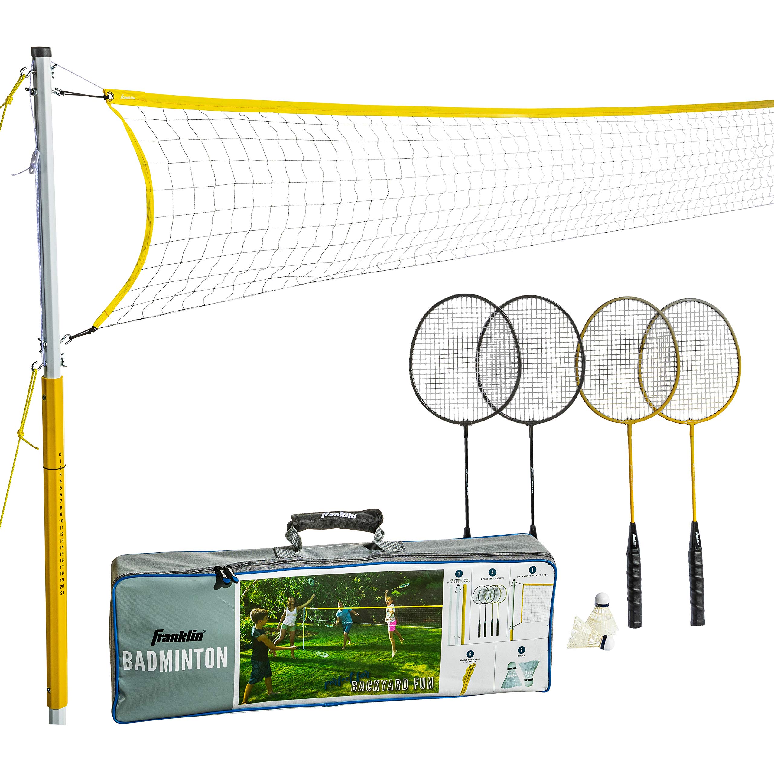 Franklin Sports Badminton Set - Backyard + Beach Badminton Net Set - Rackets And Birdies Included - Portable 4 Player Badminton 