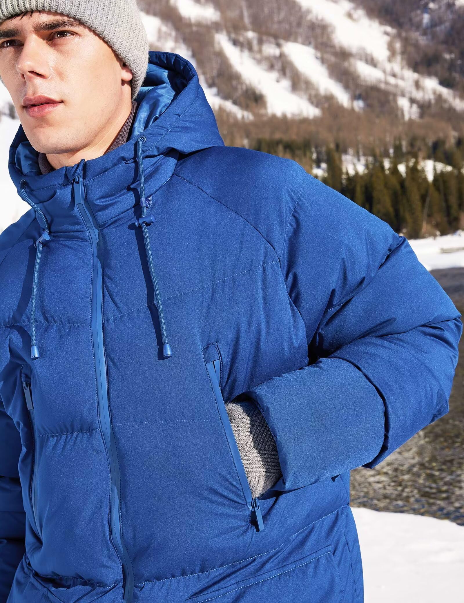 Rejork Men s Long Winter Coat Hooded Warm Quilted Jacket Water-resistant Cold Weather Parka Royal Blue 2XL