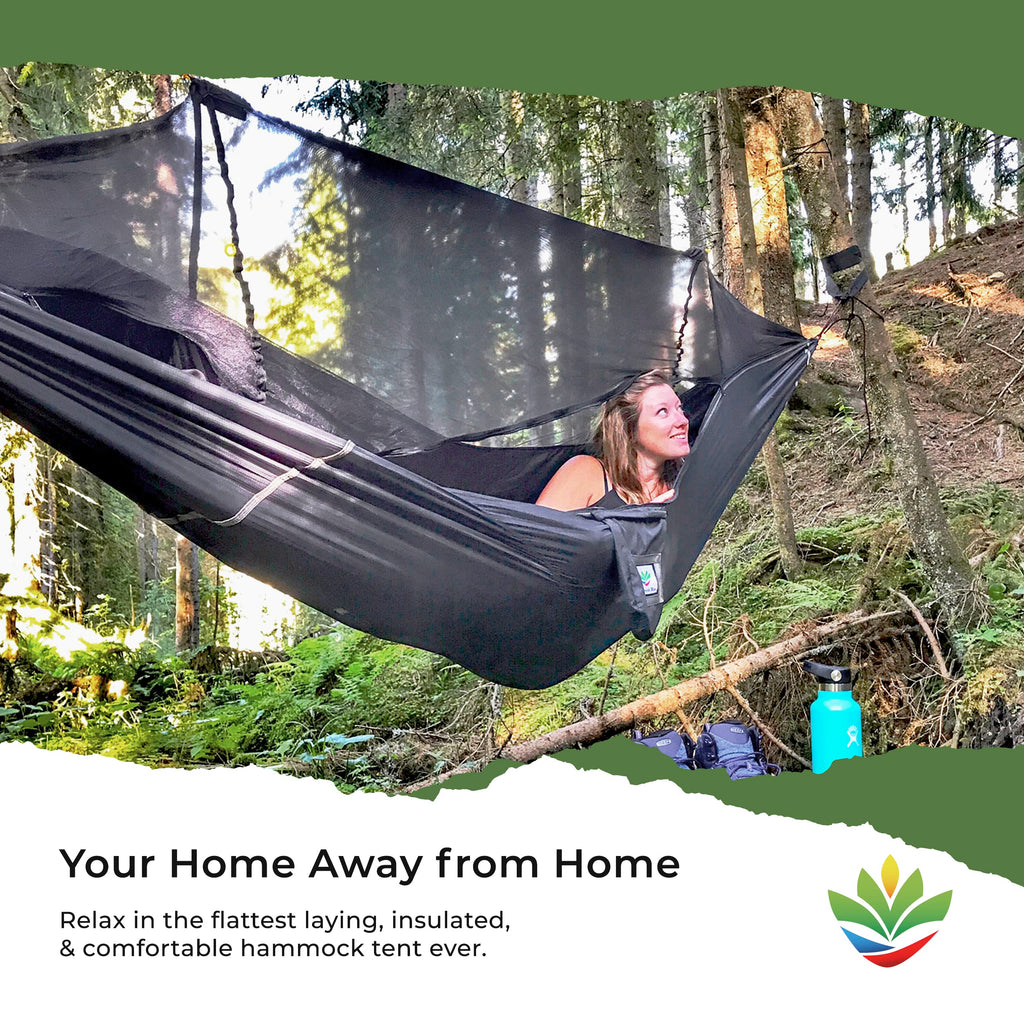 Hammock Tent With Bug Net - Insect Free Hammock Tent, Asymmetrical Design & Integrated Inflatable Pad Sleeve For A Lay Flat & In