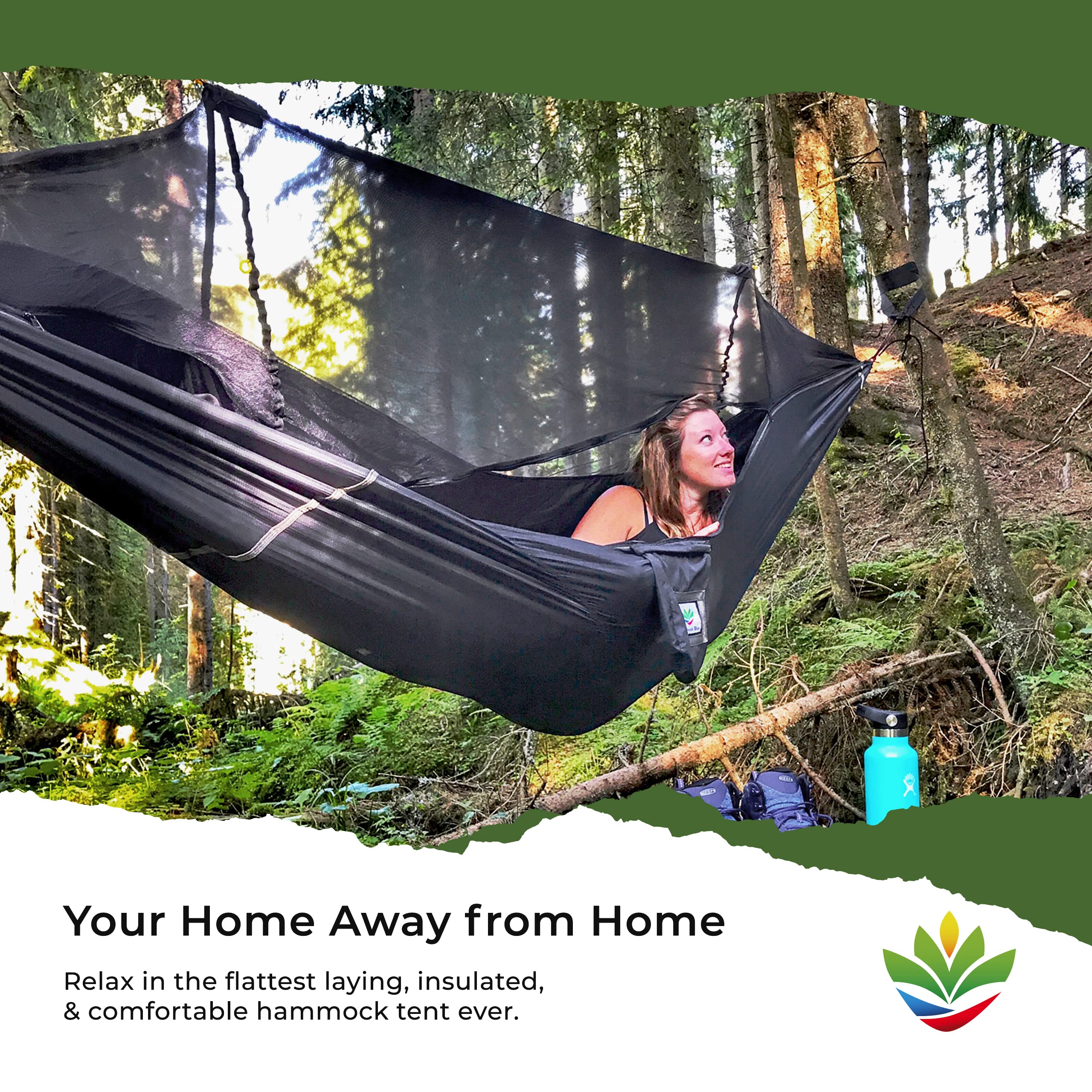Hammock Tent With Bug Net - Insect Free Hammock Tent, Asymmetrical Design & Integrated Inflatable Pad Sleeve For A Lay Flat & In