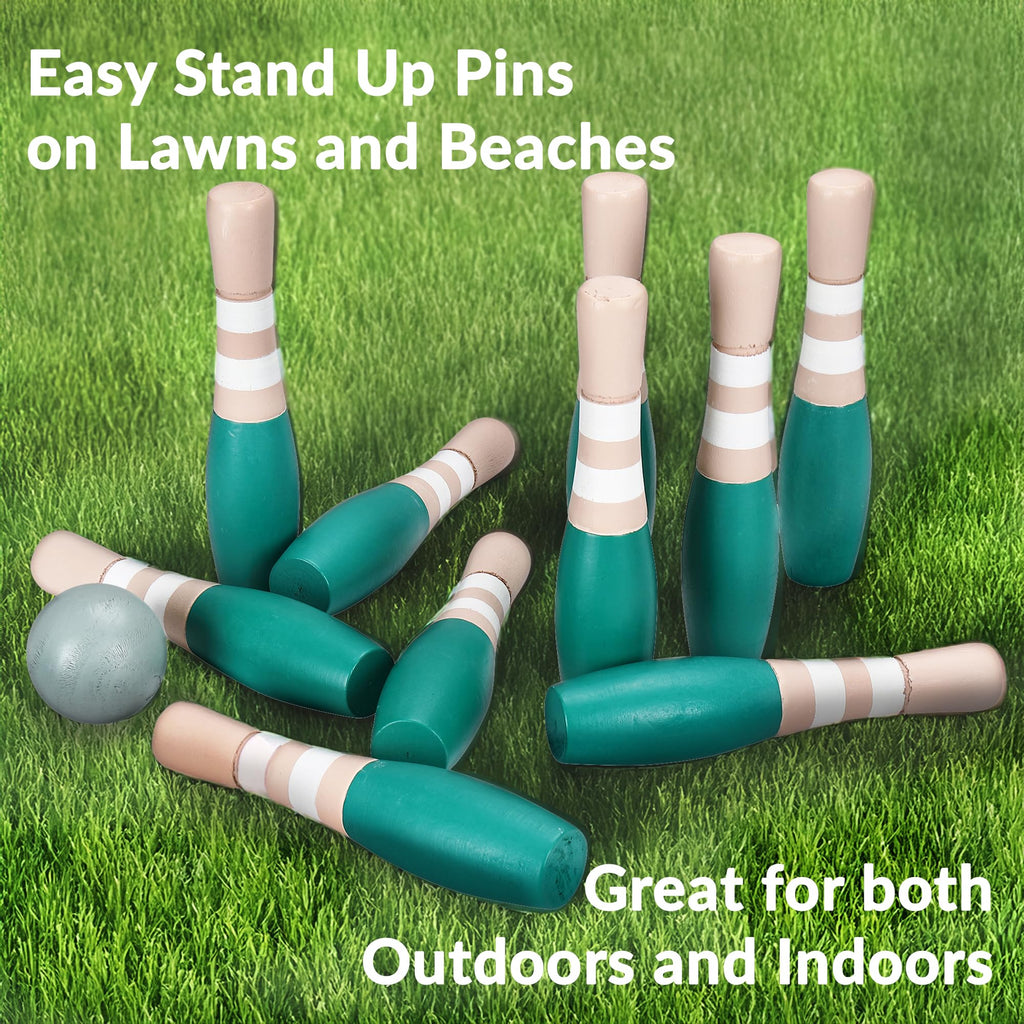 Sterling Sports Wooden Lawn Bowling 9'' Skittles Set With Carrying Mesh Bag For Indoors And Outdoors - 10 Wooden Pins And 2 Ball