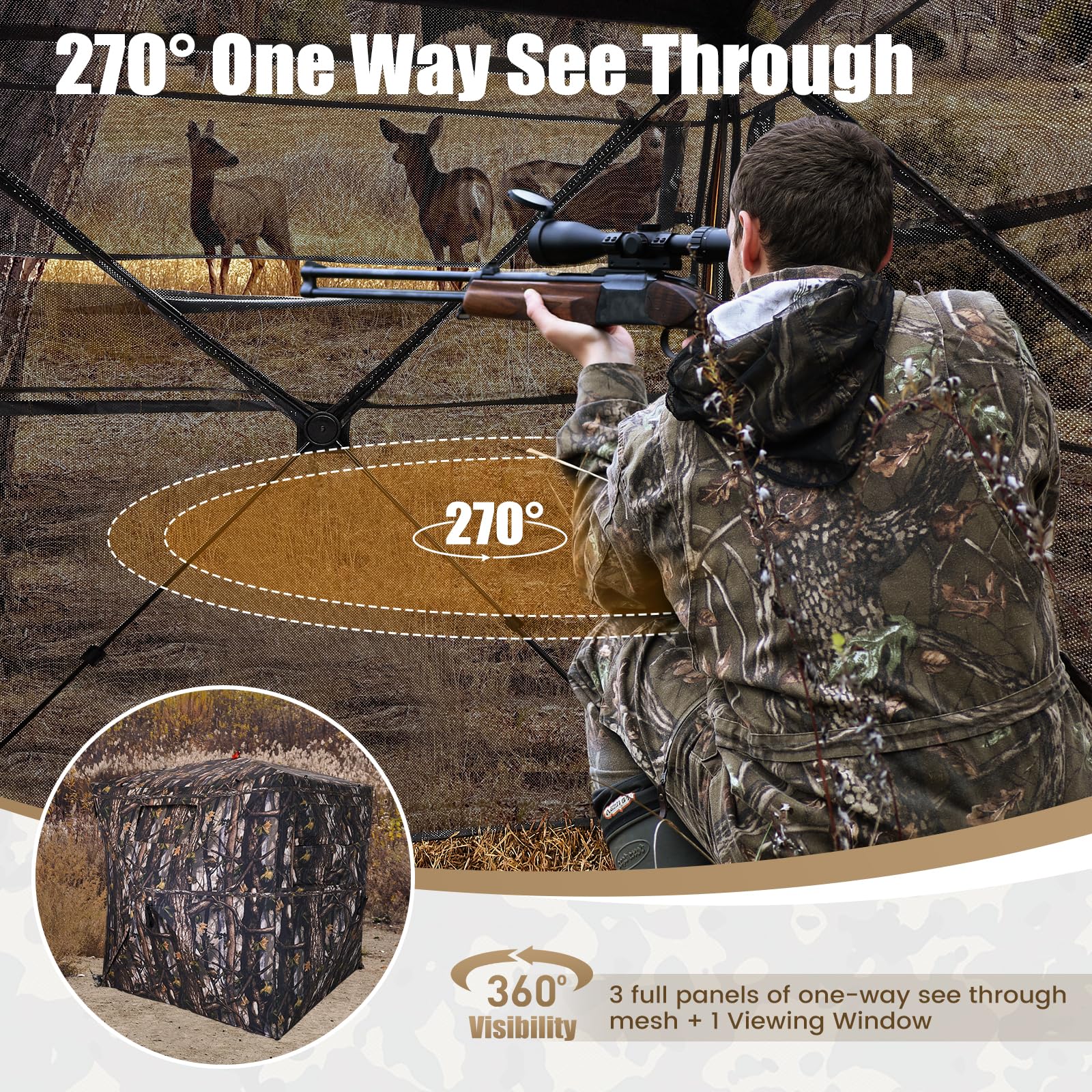 Hunting Blind 300D See Through Ground Blinds With Carrying Bag, 3-4 Person 270 Degree 2 Doors Pop Up Deer Blind Portable Camoufl