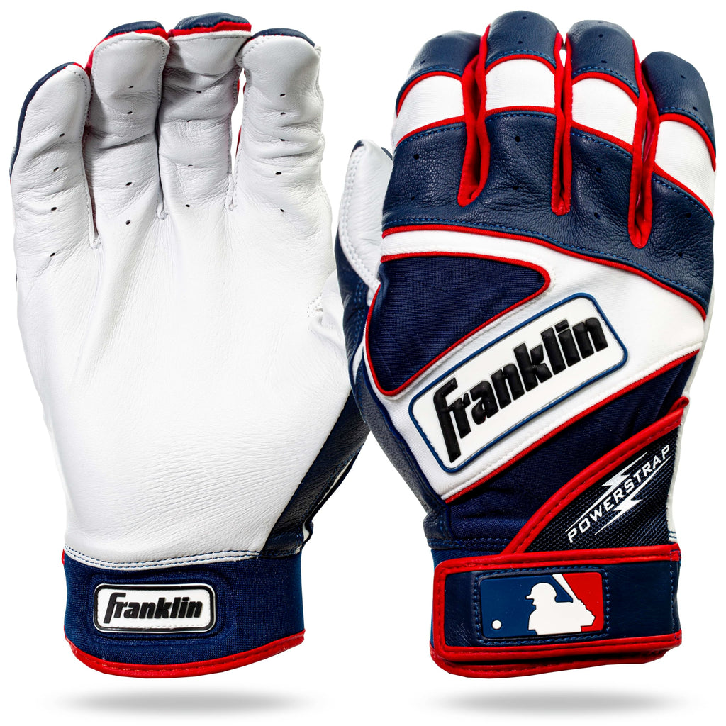 Franklin Sports Mlb Powerstrap Batting Gloves, Pearl/Navy/Red - Youth Medium