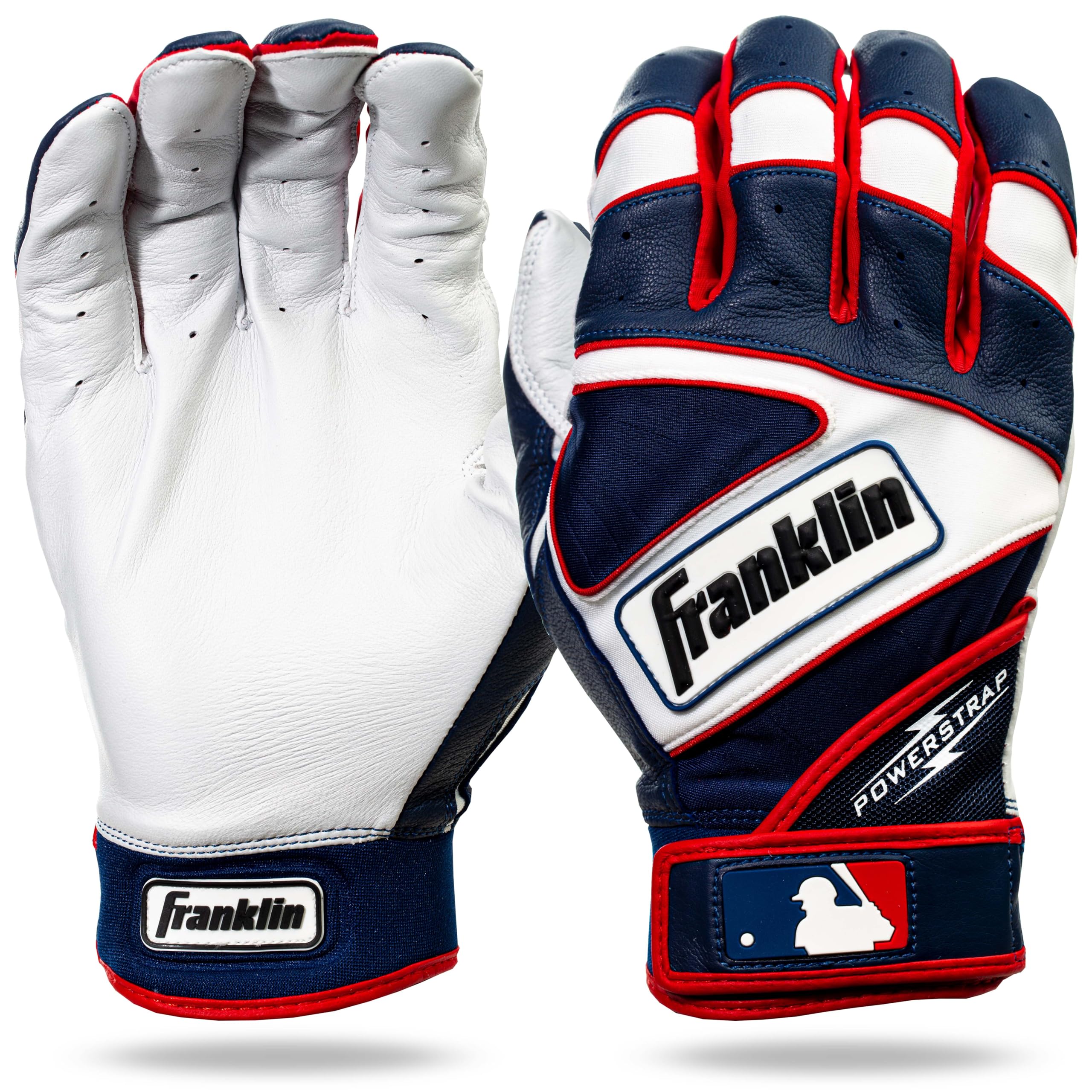 Franklin Sports Mlb Powerstrap Batting Gloves, Pearl/Navy/Red - Youth Medium