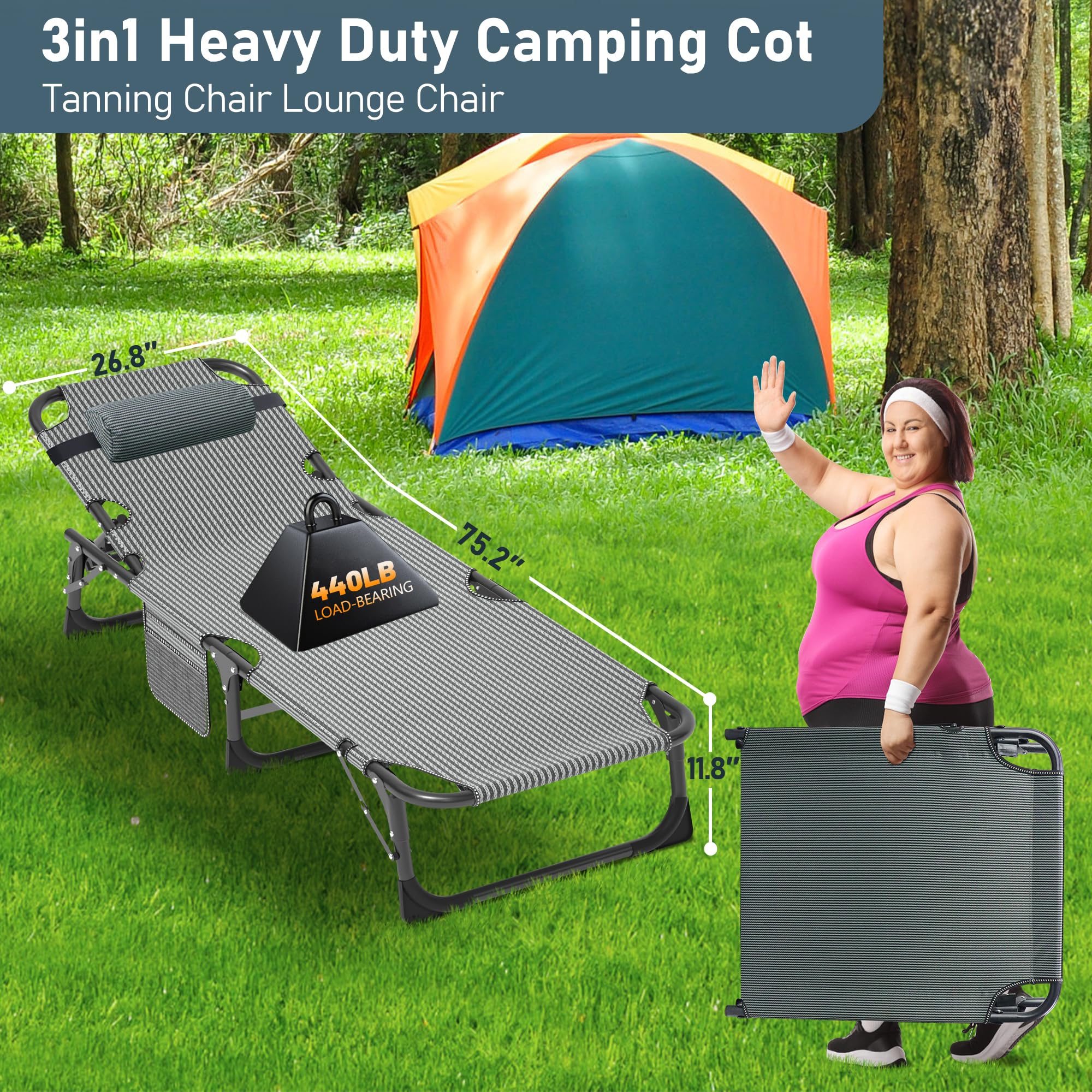 Aboron 5 Positions Camping Cots For Adults,Outdoor Folding Sleeping Cot/Mat,Folding Chaise Lounge Chair With Pillow,Portable Rec