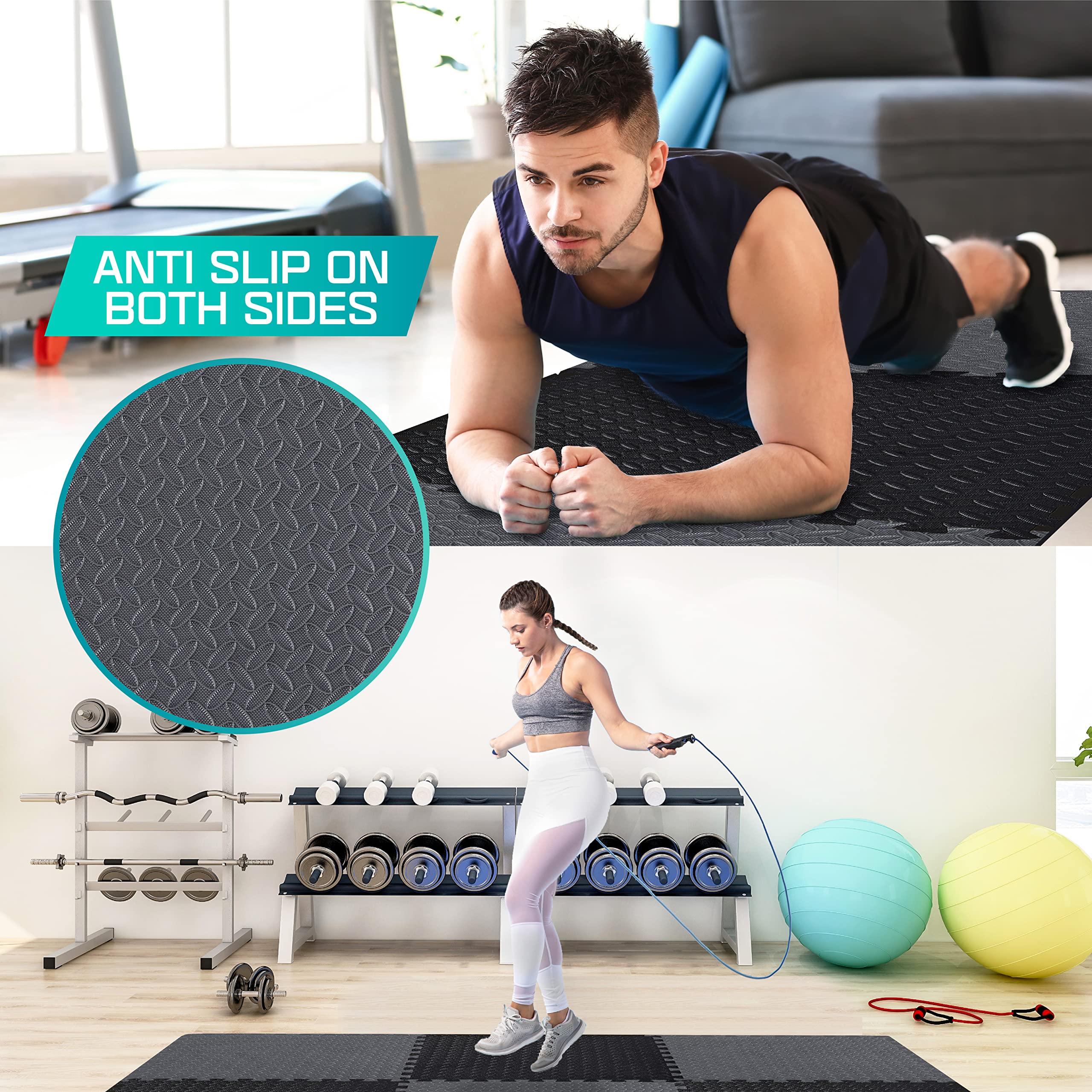 Yes4All Interlocking Foam Tiles, Non-Slip Foam Floor Tiles For Home Gym- Black And Gray, 16 Tiles 12''X 12''X 7/16'' Cover 16 Sq