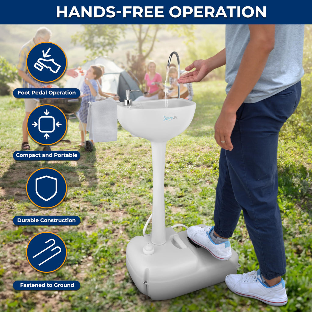 Serenelife Portable Camping Sink W/Towel Holder & Soap Dispenser-19L Water Capacity Hand Wash Basin Stand W/Rolling Wheels-For O