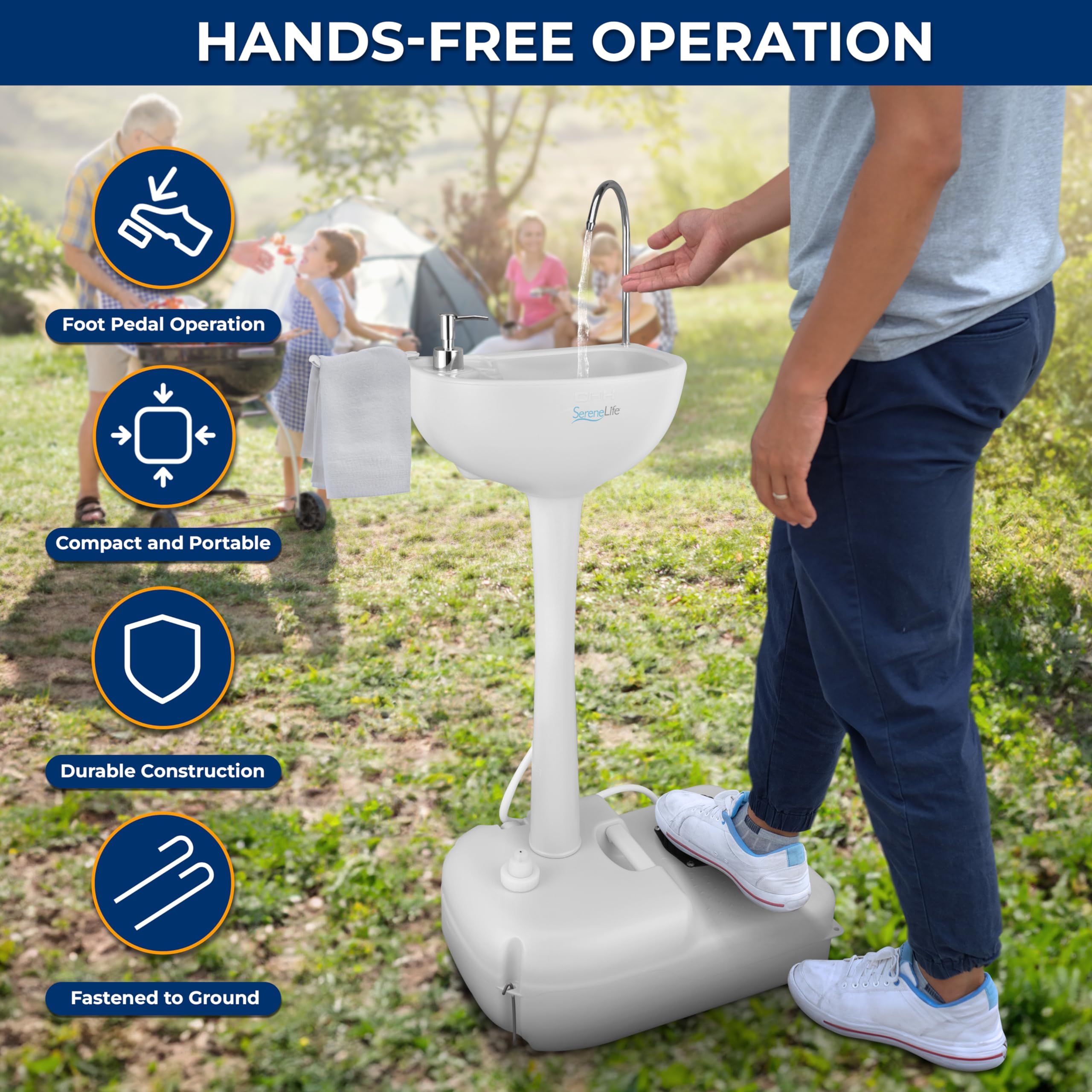 Serenelife Portable Camping Sink W/Towel Holder & Soap Dispenser-19L Water Capacity Hand Wash Basin Stand W/Rolling Wheels-For O