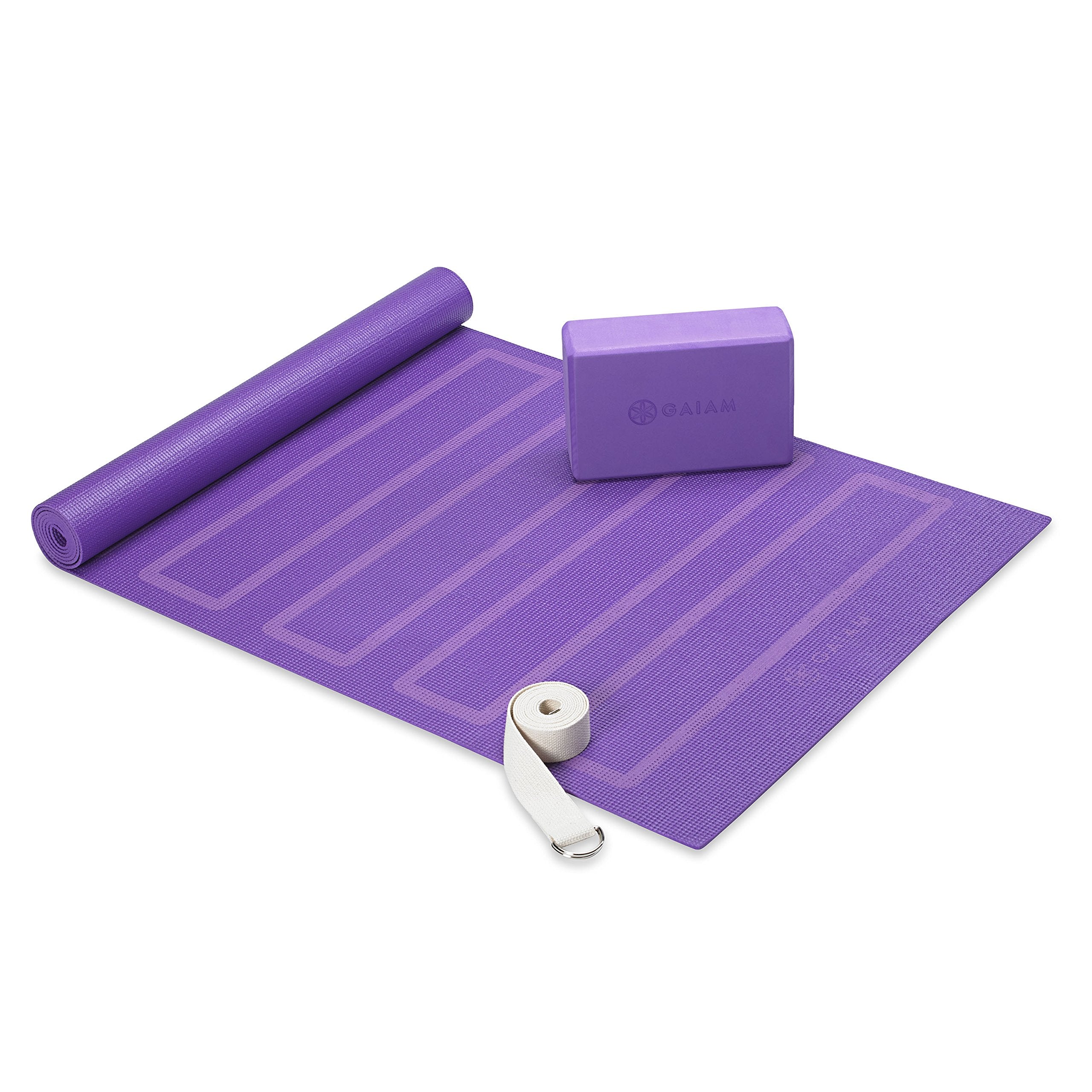 Gaiam Beginner'S Yoga Starter Kit Set (Yoga Mat, Yoga Block, Yoga Strap) - Light 4Mm Thick Printed Non-Slip Exercise Mat For Eve