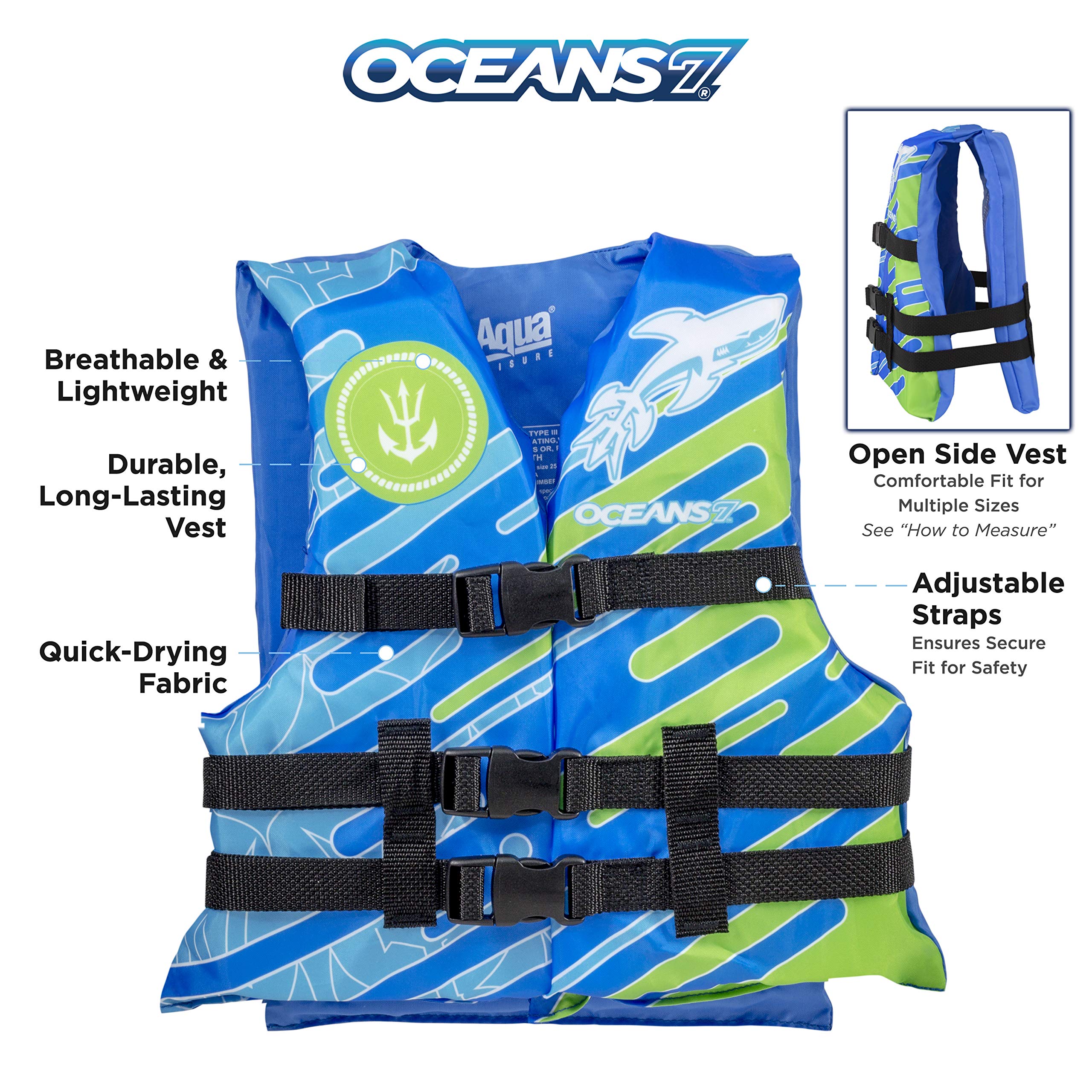 Oceans7  Us Coast Guard-Approved, Type Iii -  Youth Life Jacket  - Personal Flotation Device With With Comfortable Flex-Form-Fit