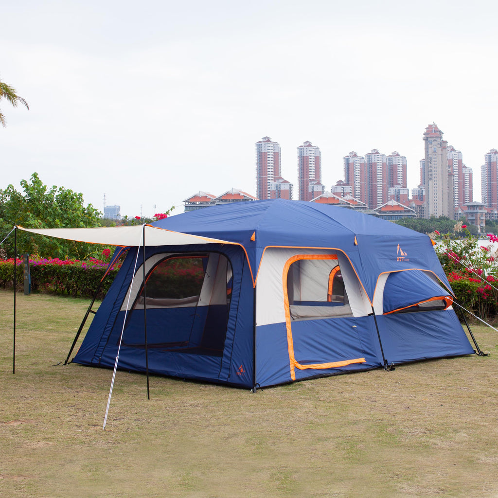 Ktt Extra Large Tent 12 Person,2 Bay-Windows,Family Cabin Tents,14'Lx10'Wx6.58'H,2 Rooms And 3 Doors 3 Windows With Mesh,Waterpr