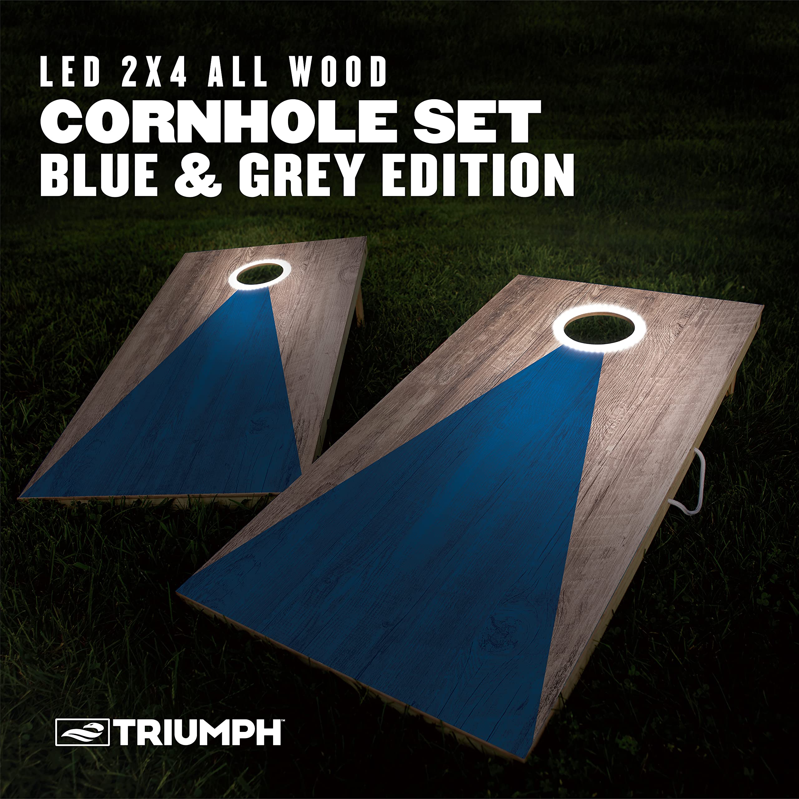 Triumph LED 2x4 Blue/Grey Cornhole Set - Regulation Light-Up Bag Toss Boards with 8 Weather-Resistant Bean Bags - Durable All-Wo