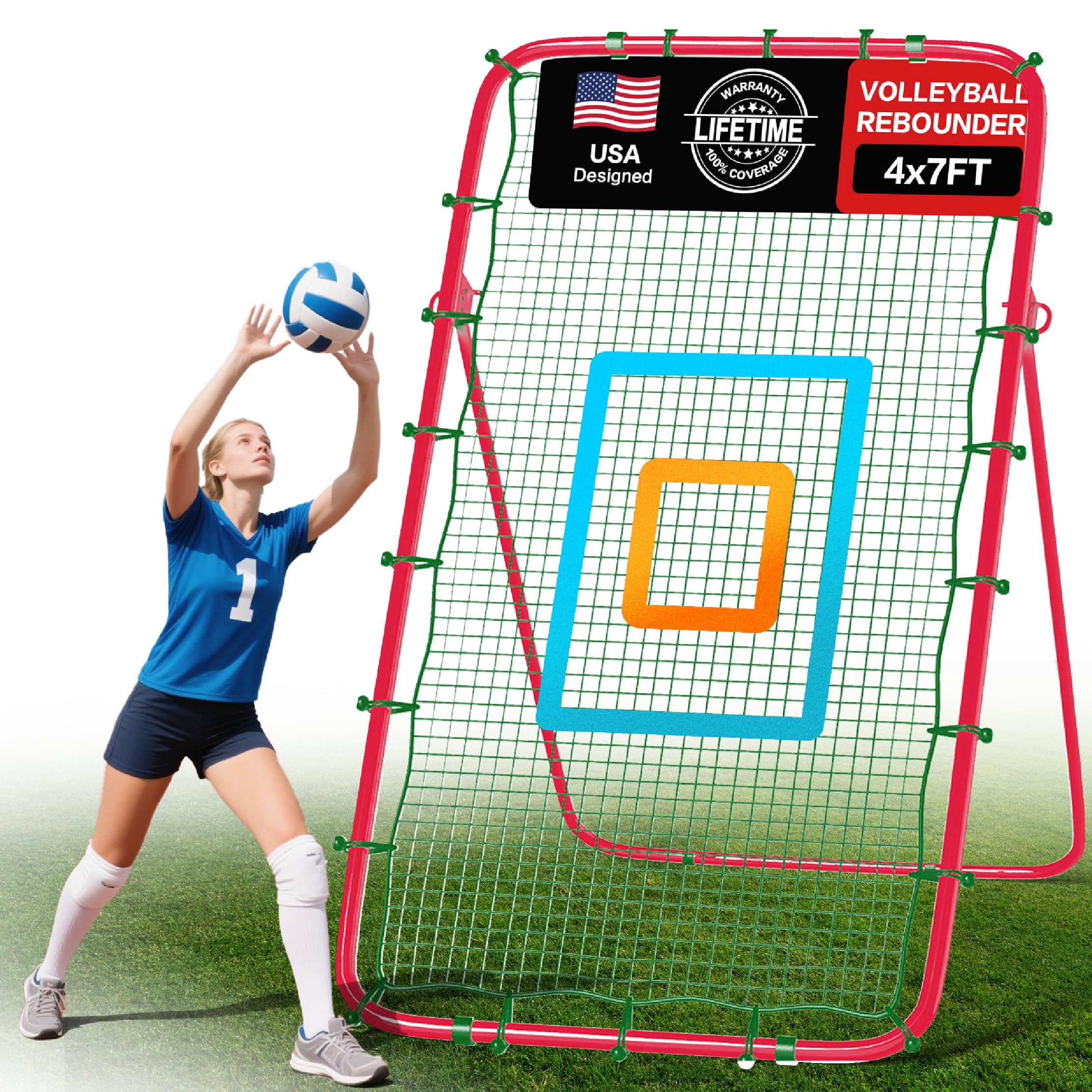 7x4 Ft Volleyball Rebounder Net, 5-Angle Adjustable Rebounder Net with 2 Target Stripes & Portable Travel Bag, 10-MIN Setup Boun