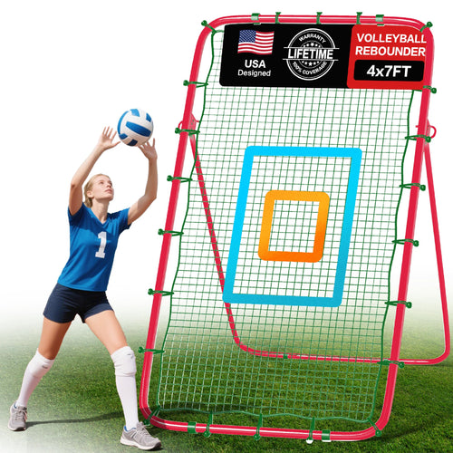 7x4 Ft Volleyball Rebounder Net, 5-Angle Adjustable Rebounder Net with 2 Target Stripes & Portable Travel Bag, 10-MIN Setup Boun