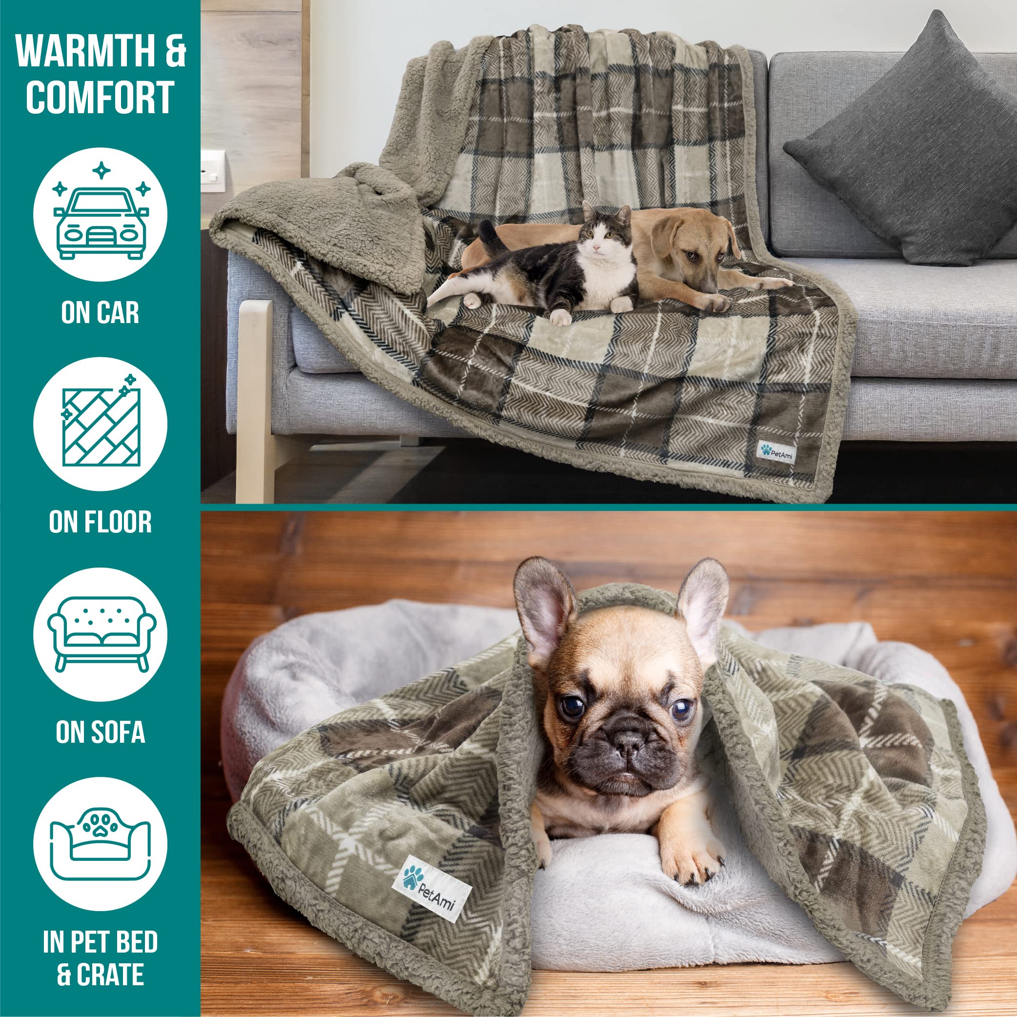 Petami Dog Blanket, Plaid Sherpa Dog Blanket  Plush, Reversible, Warm Pet Blanket For Dog Bed, Couch, Sofa, Car (Taupe, 60X40 In