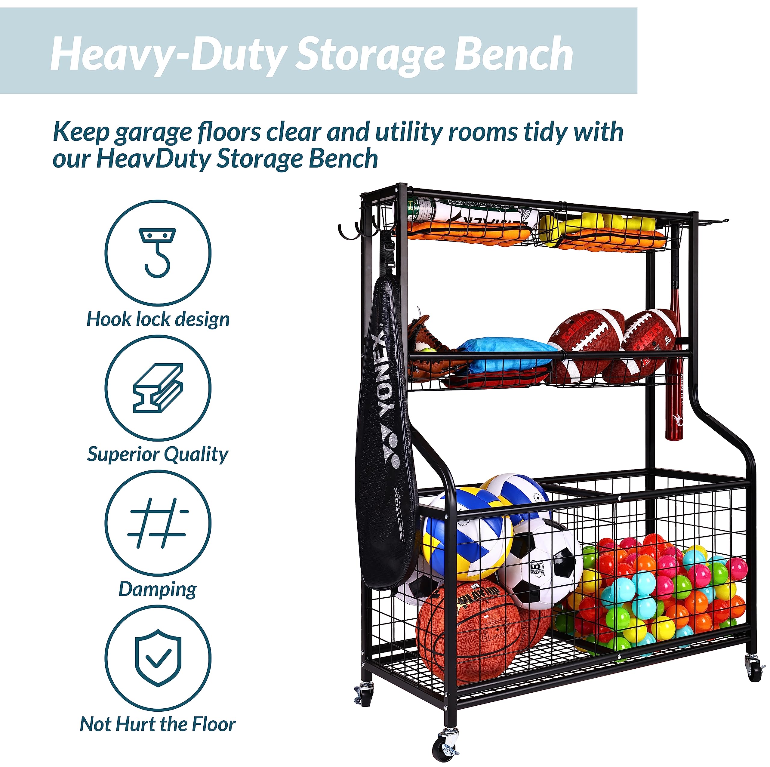 Fitvids Garage Sports Equipment Organizer, Garage Ball Storage, Sports Gear Storage, Garage Organizer With Baskets And Hooks, Ro