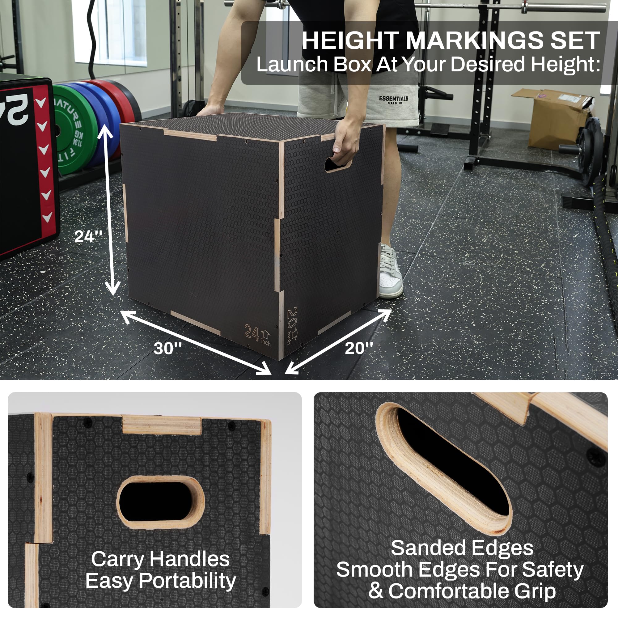 Fitvids 3 In 1 Non-Slip Wooden Plyo Box Plyometric Box Jumping Exercise, 20X24X30 Inches, Gray