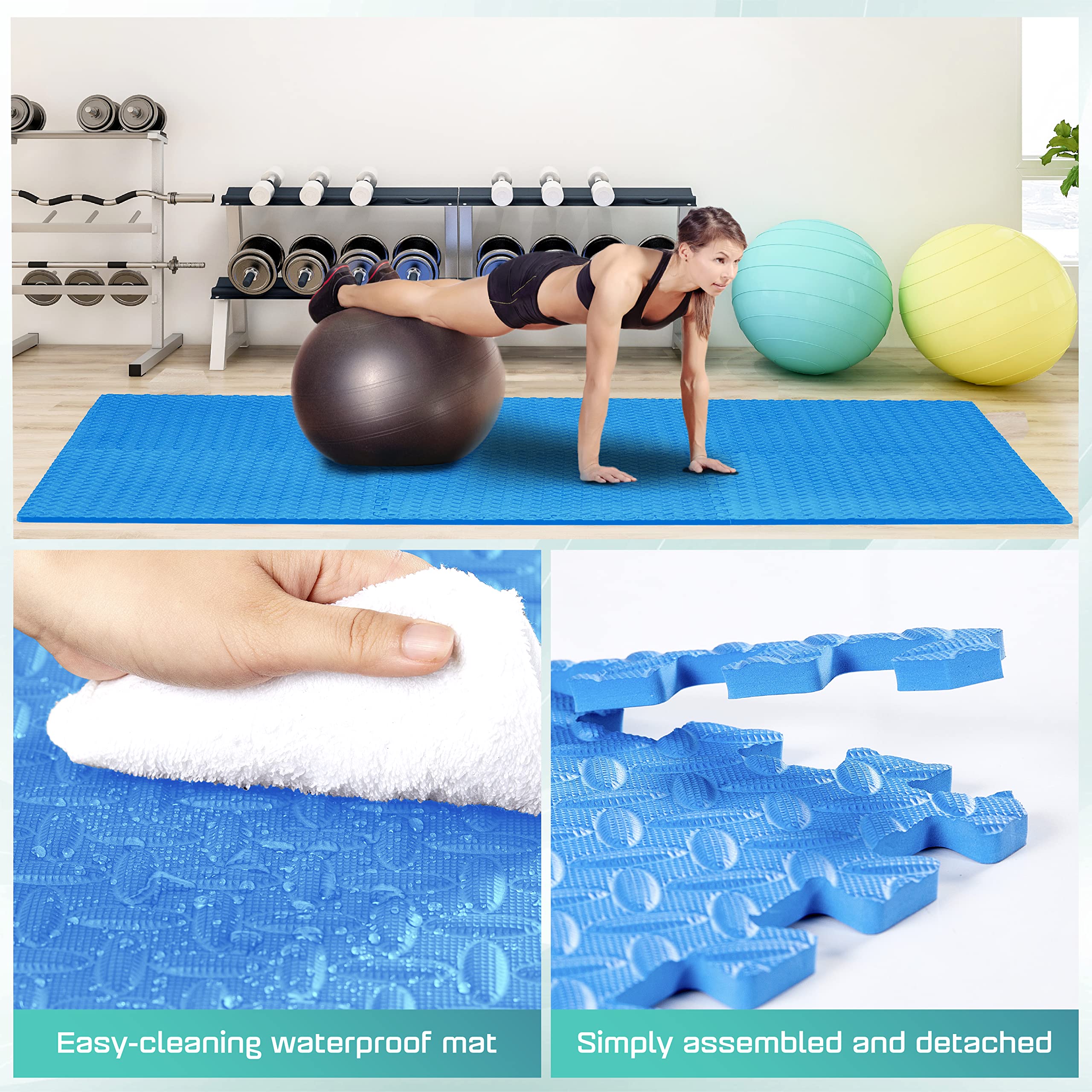 Yes4All Interlocking Floor Mats With Border - Foam, Gym Floor Mats With Eva Interlocking Tiles (12 Square Feet - Blue - 12 Tiles