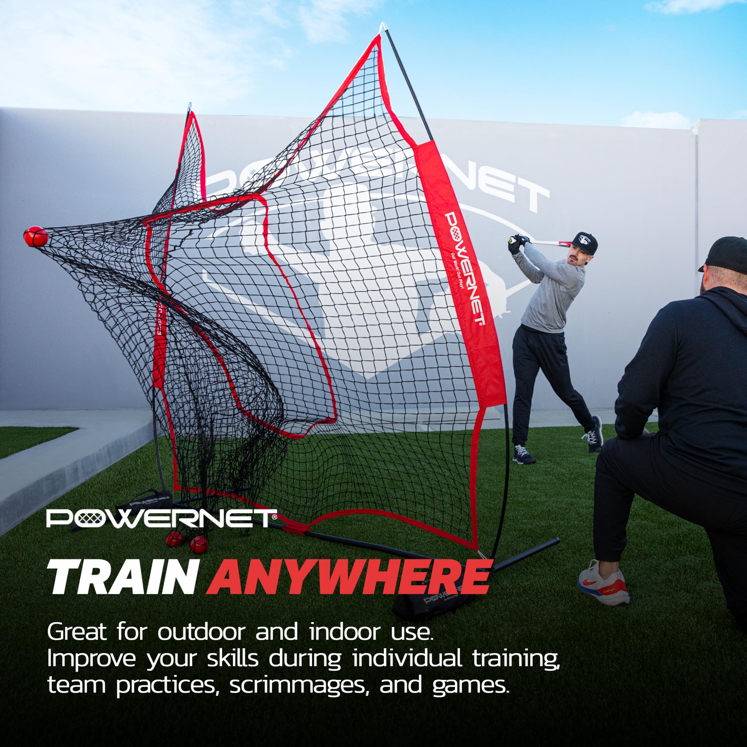 Powernet Baseball Softball Practice Net 7X7 With Baseball Accessories For Practice Pitching & Batting, Ball Caddy, Weighted Base