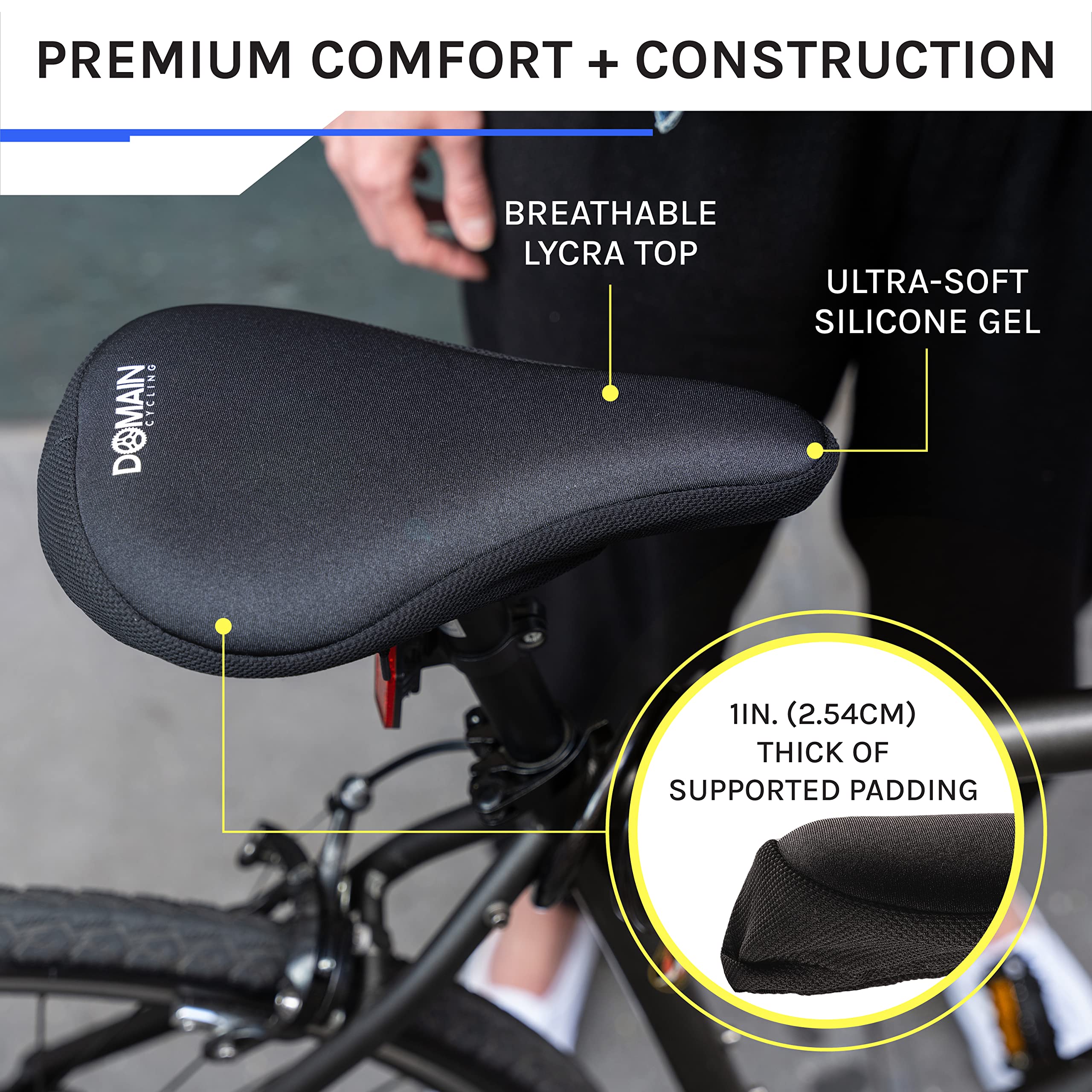 Domain Cycling Gel Bike Seat Cushion- Secure Peloton Fit For Smooth Stable Rides- Non-Slip Bicycle, Padded Bike Seat Cover For E