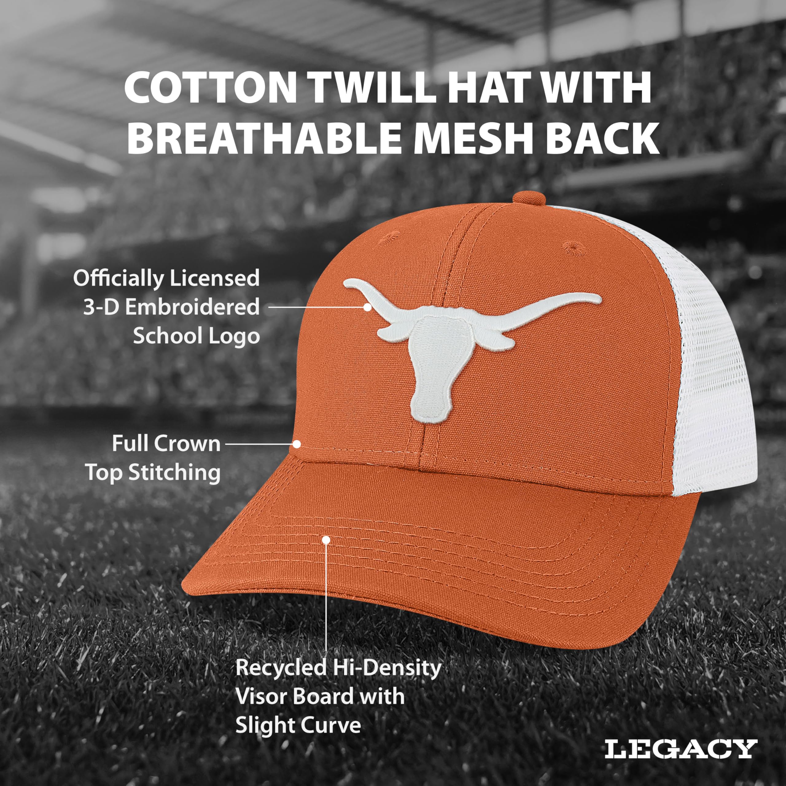 Legacy NCAA Officially Licensed Baseball Hat, Texas Longhorns, Lightweight Cap for Men & Women, Mid-Pro Snapback Adjustable (MPS