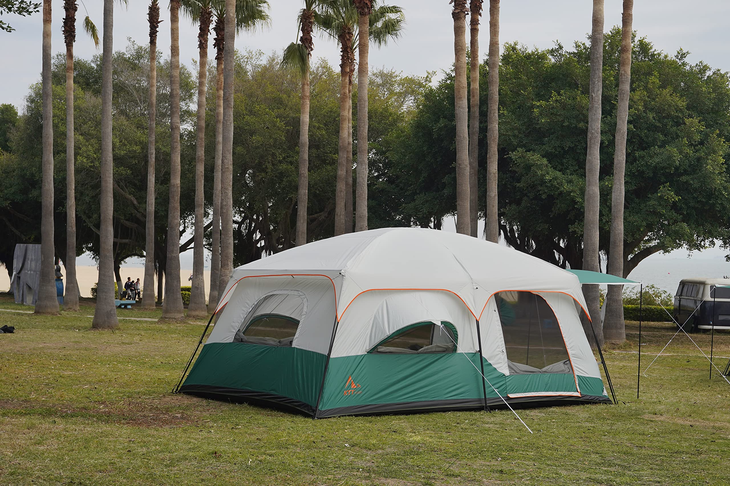 Ktt Extra Large Tent 12 Person,2 Bay-Windows,Family Cabin Tents,14.1'Lx10'Wx6.58'H,2 Rooms,3 Doors 3 Windows With Mesh,Waterproo