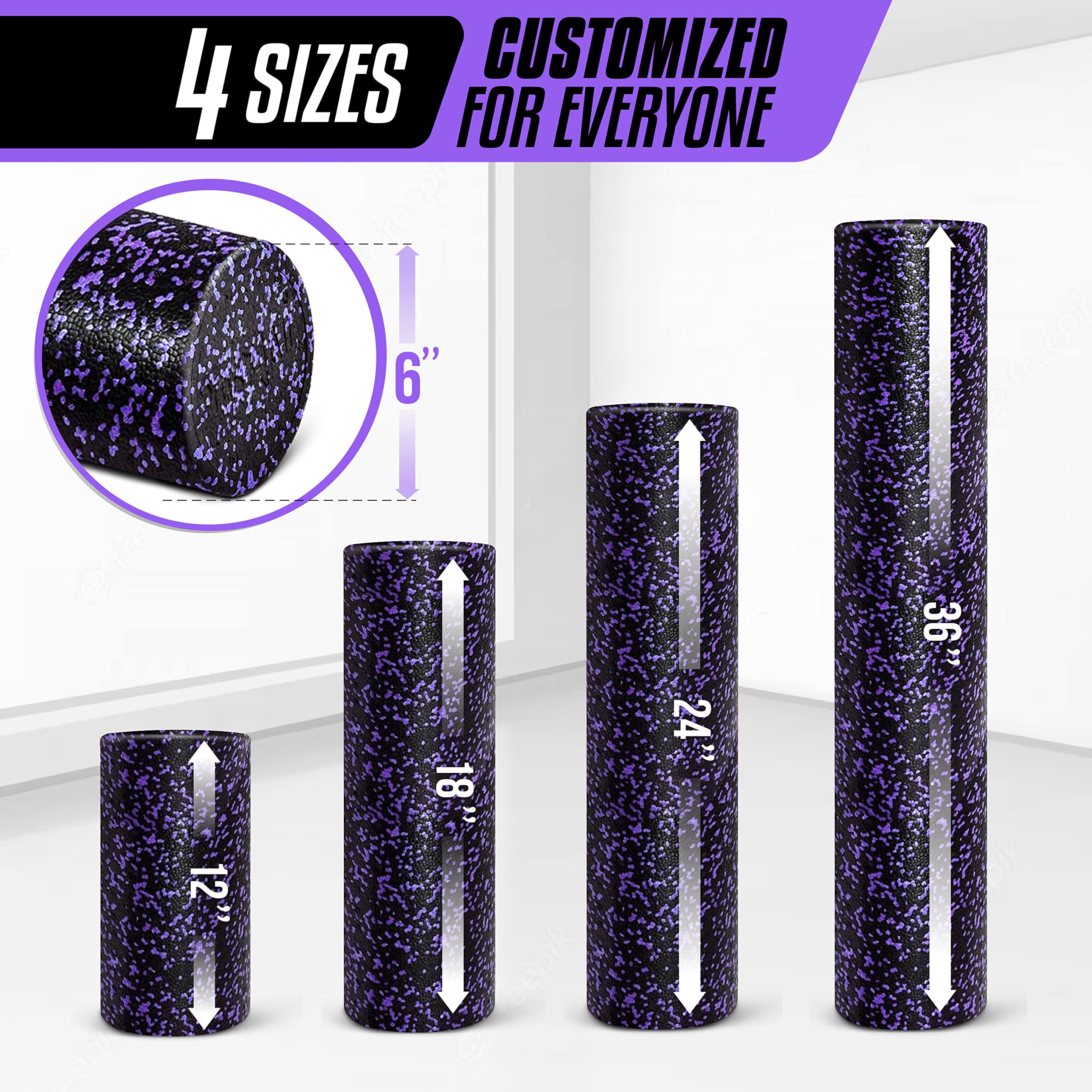 Yes4All High Density Foam Roller For Back, Variety Of Sizes & Colors For Yoga, Pilates - Purple Speckled - 12 Inches